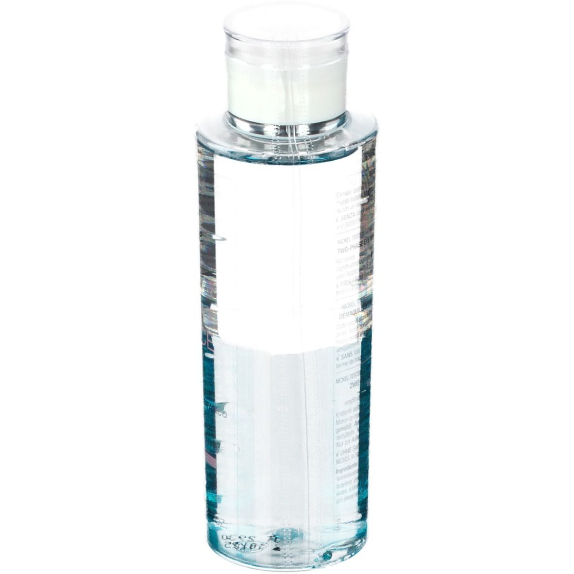 Flacon transparent avec bouchon blanc. Inscriptions et texte. Demaquillant yeux biphasique.
