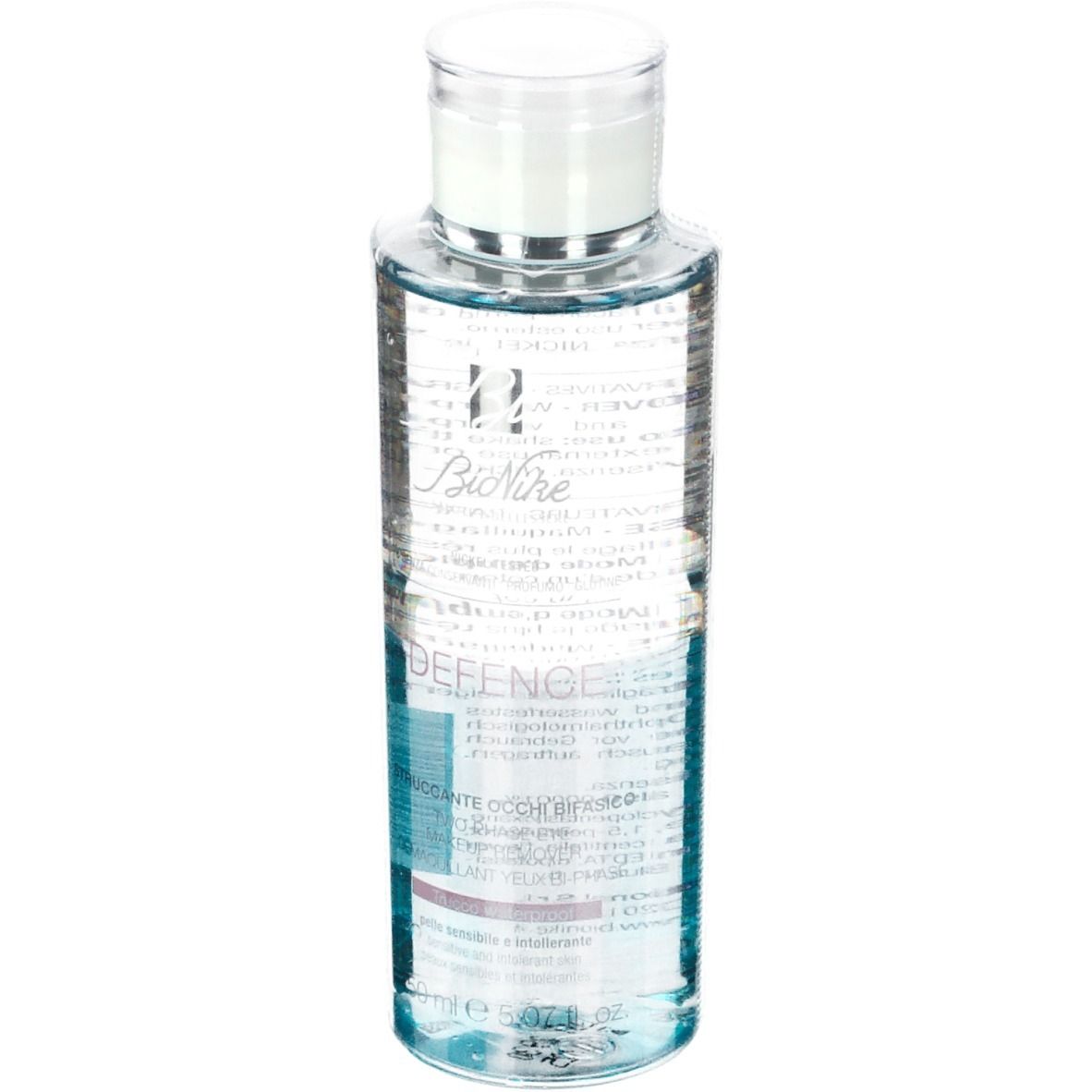 Flacon transparent avec bouchon blanc. Inscription: BioNike, DEFENCE. Demaquillant yeux biphasique.