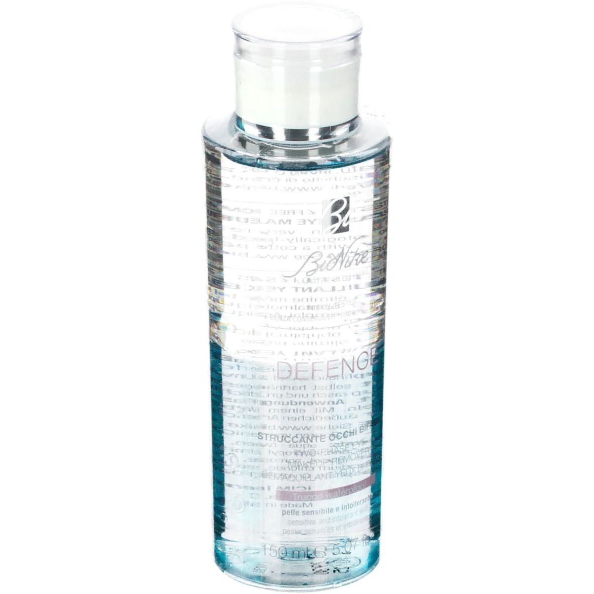 Flacon transparent avec bouchon blanc. Inscription: BioNike, DEFENCE. Demaquillant yeux biphasique.