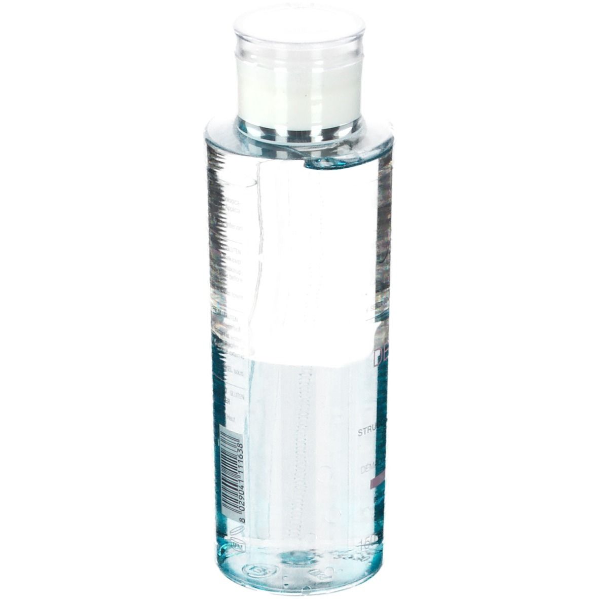 Flacon transparent avec bouchon blanc. Inscriptions et texte. Demaquillant yeux biphasique.