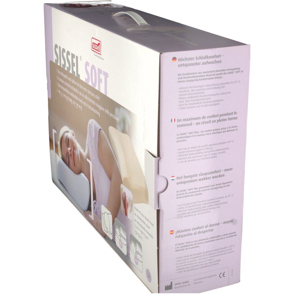 Seitenansicht der Sissel Soft Nackenkissen-Verpackung. Text: Höchster Schlafkomfort, in verschiedenen Sprachen.