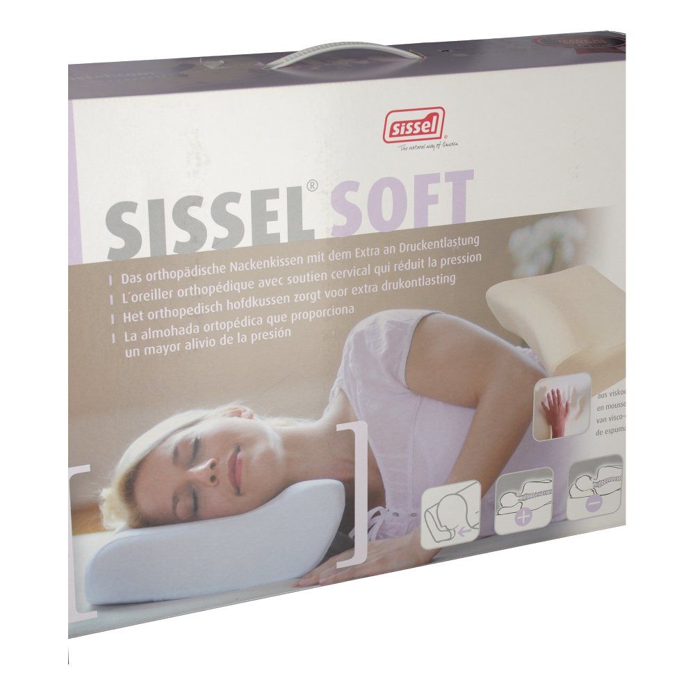 Verpackung des Sissel Soft Nackenkissens. Aufdruck: Sissel Soft, Frau liegt auf Kissen. Illustrationen.