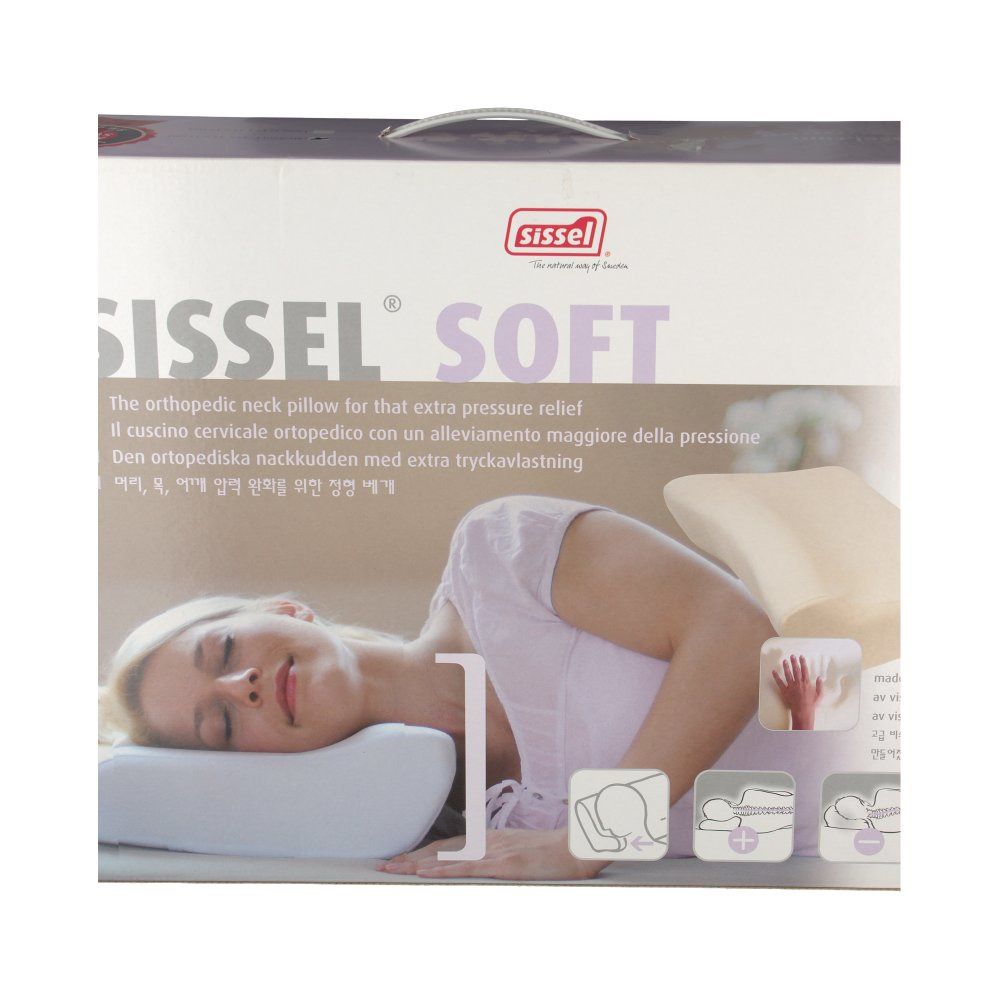 Verpackung des Sissel Soft Nackenkissens. Aufdruck: Sissel Soft, Frau liegt auf Kissen. Illustrationen.