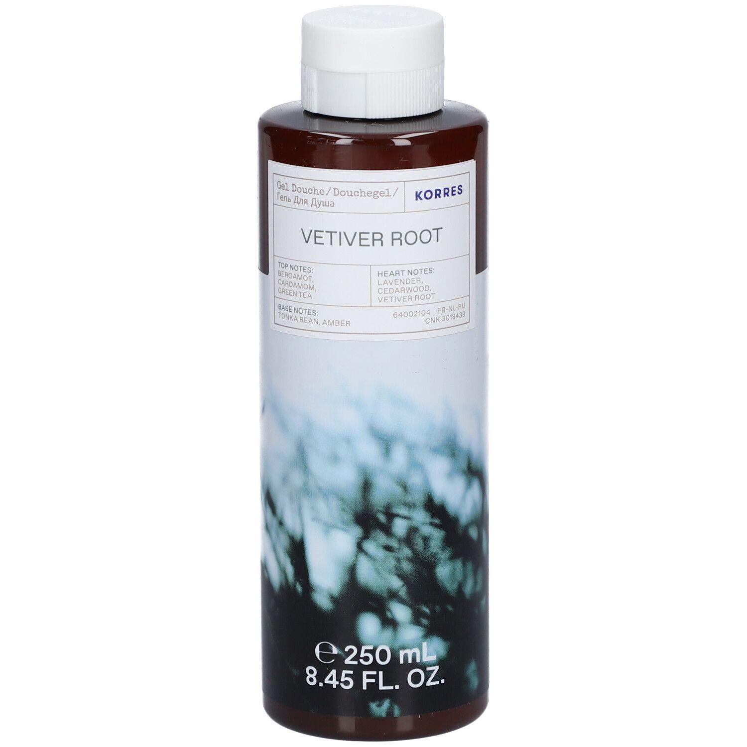 Bruine fles met witte dop. Opschrift: KORRES VETIVER ROOT. Inhoud: 250 ml.