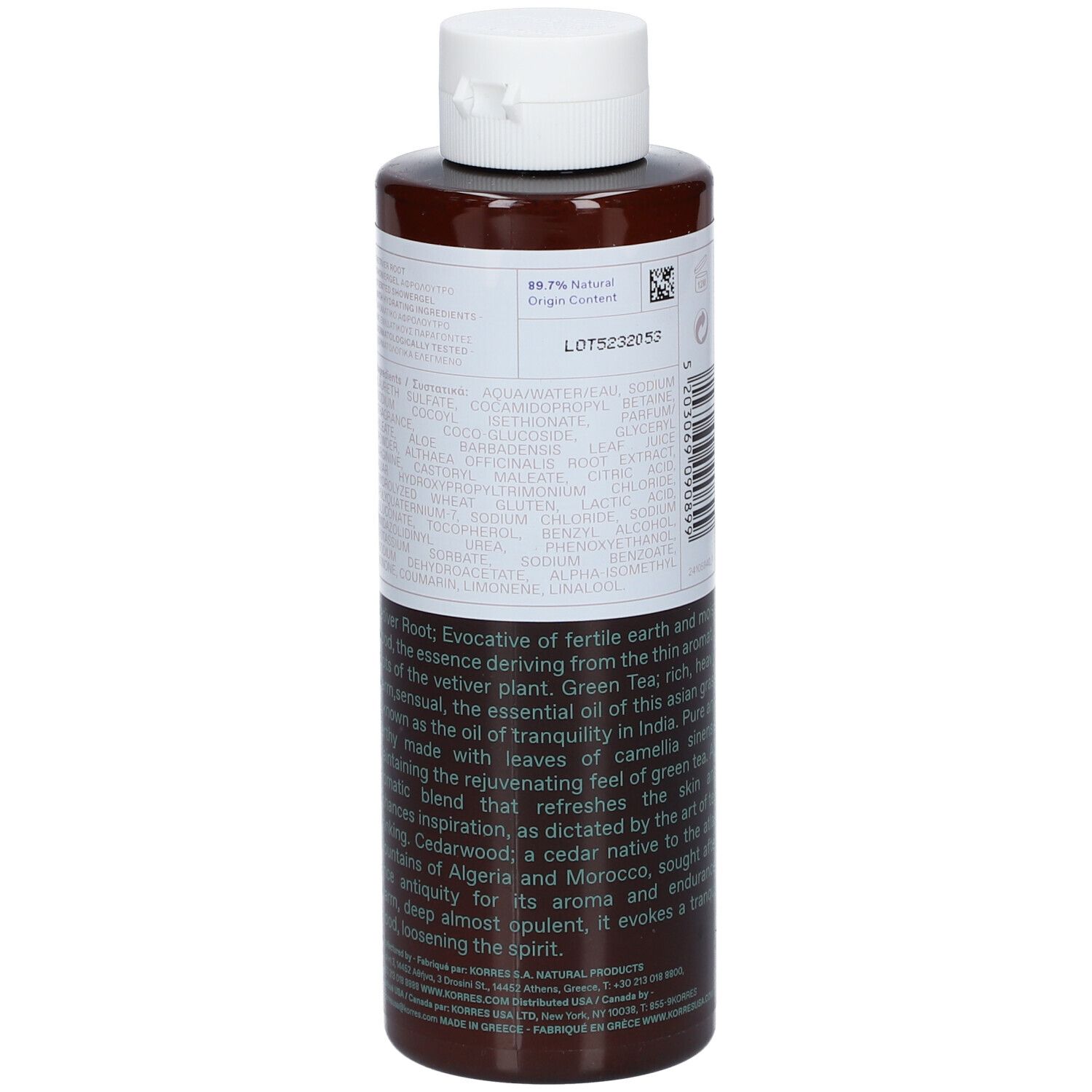 Bruine fles met witte dop. Opschrift: KORRES VETIVER ROOT. Inhoud: 250 ml.