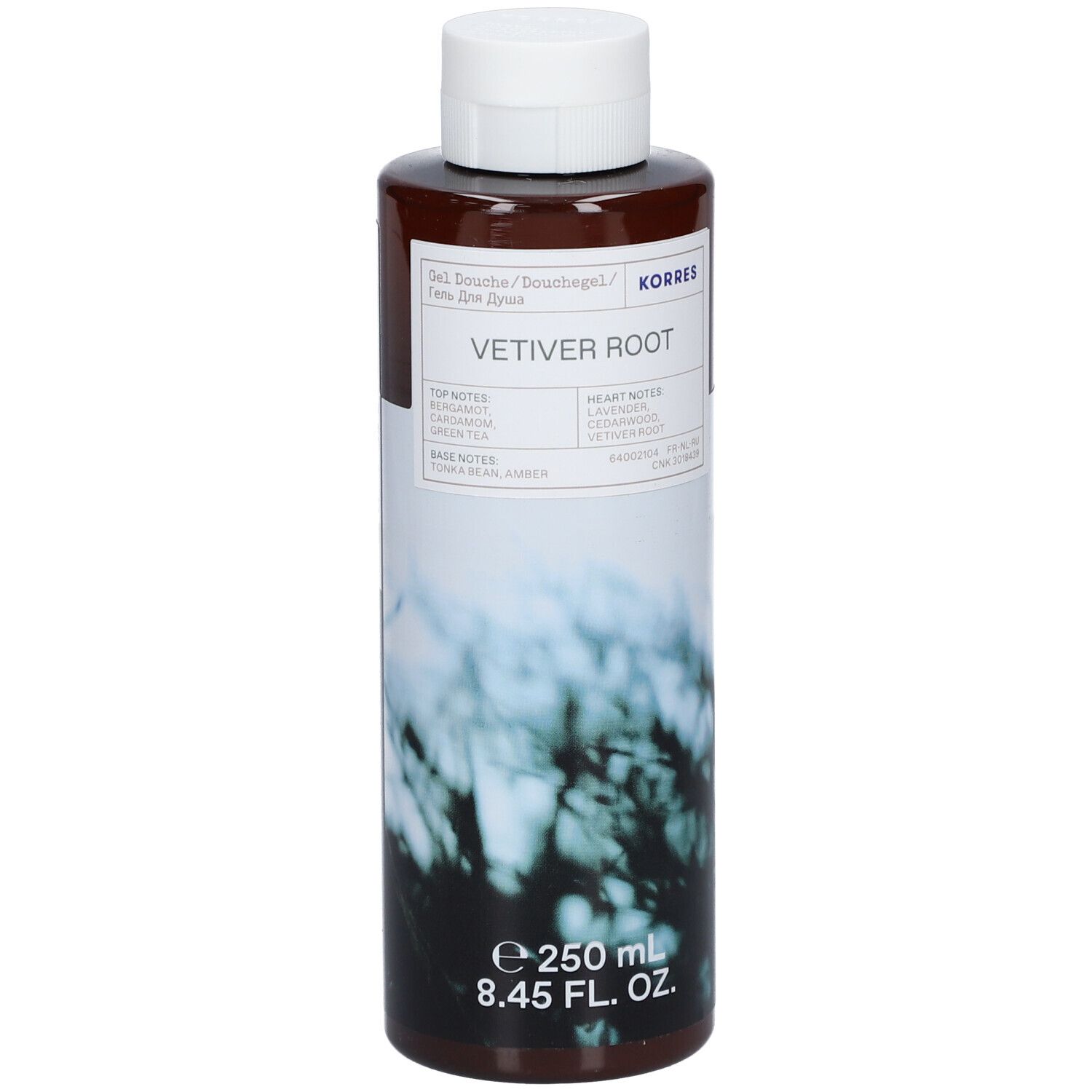 Bruine fles met witte dop. Opschrift: KORRES VETIVER ROOT. Inhoud: 250 ml.
