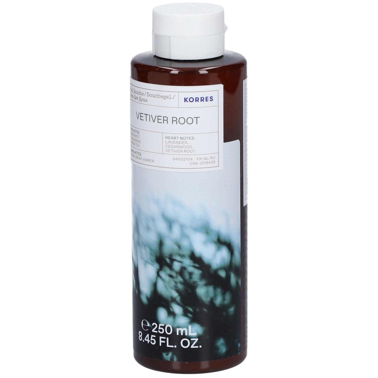 Bruine fles met witte dop. Opschrift: KORRES VETIVER ROOT. Inhoud: 250 ml.