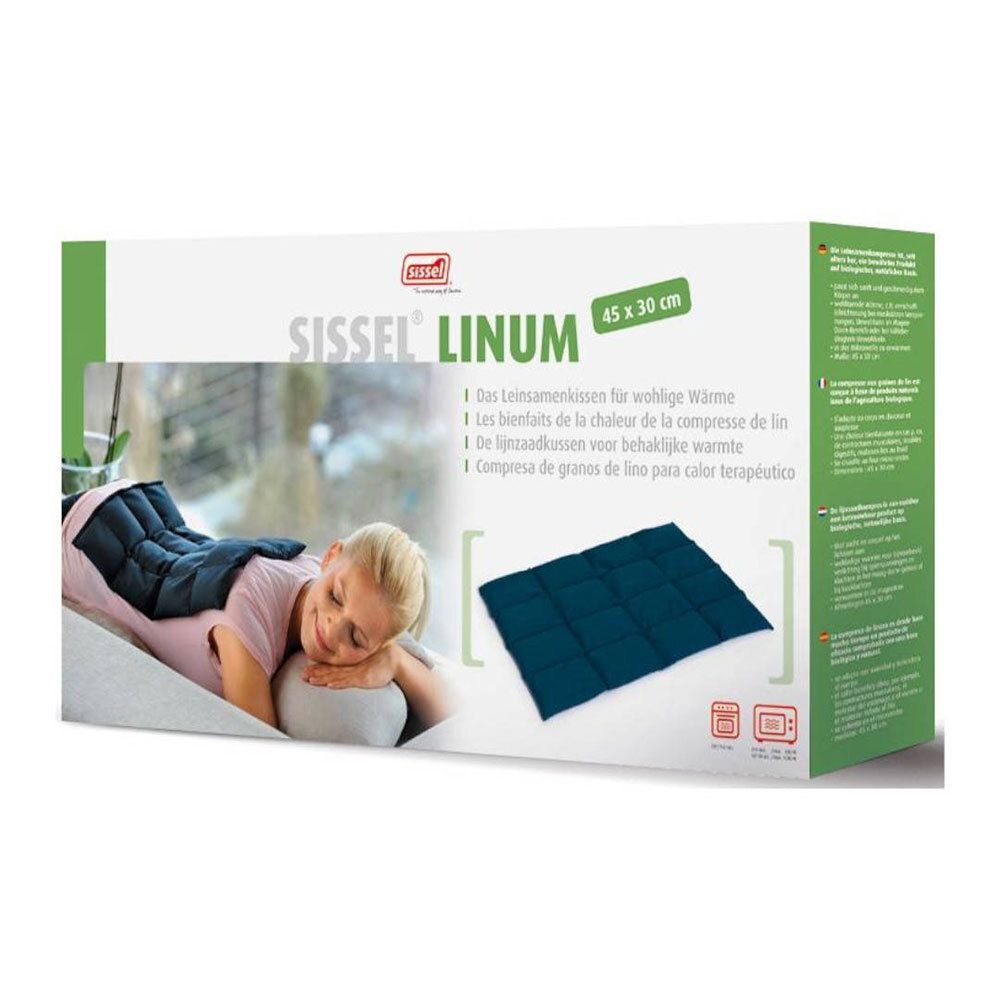 Compresse Sissel Linum, 45 x 30 cm, dans son emballage. Illustration du produit et de son utilisation.