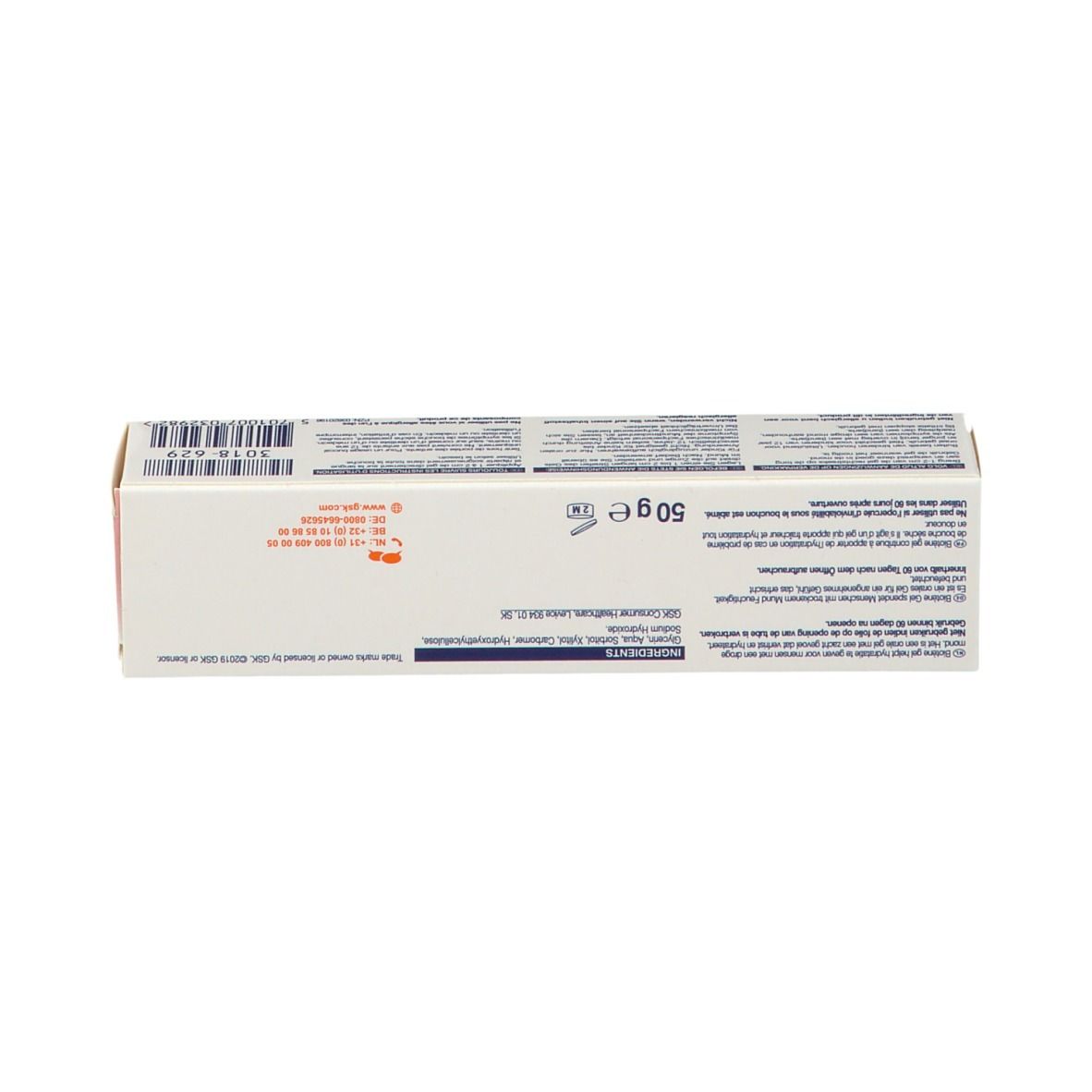 Boîte avec texte et informations en plusieurs langues. Fond blanc. 50 g.
