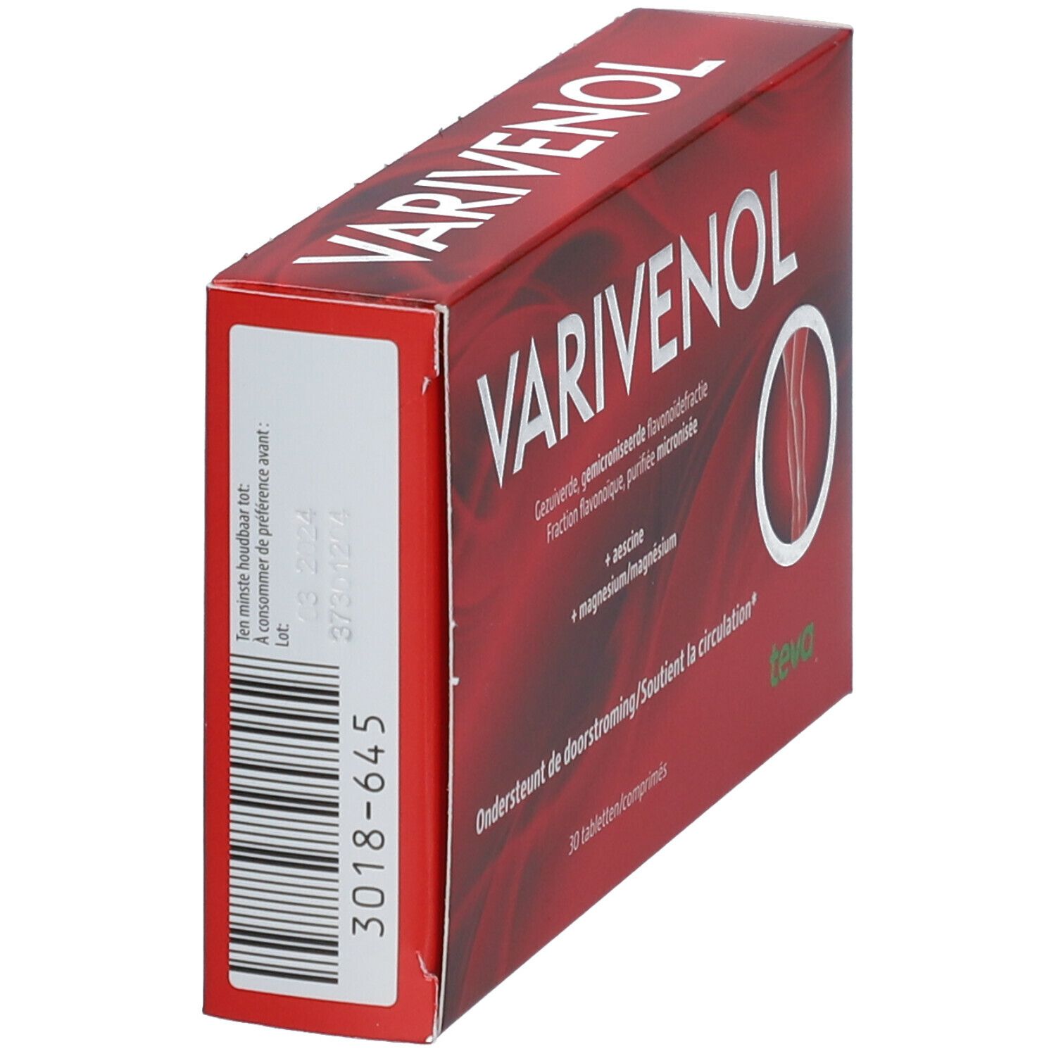 Boîte rouge avec étiquette blanche et code-barres. Inscription VARIVENOL. Texte en néerlandais.