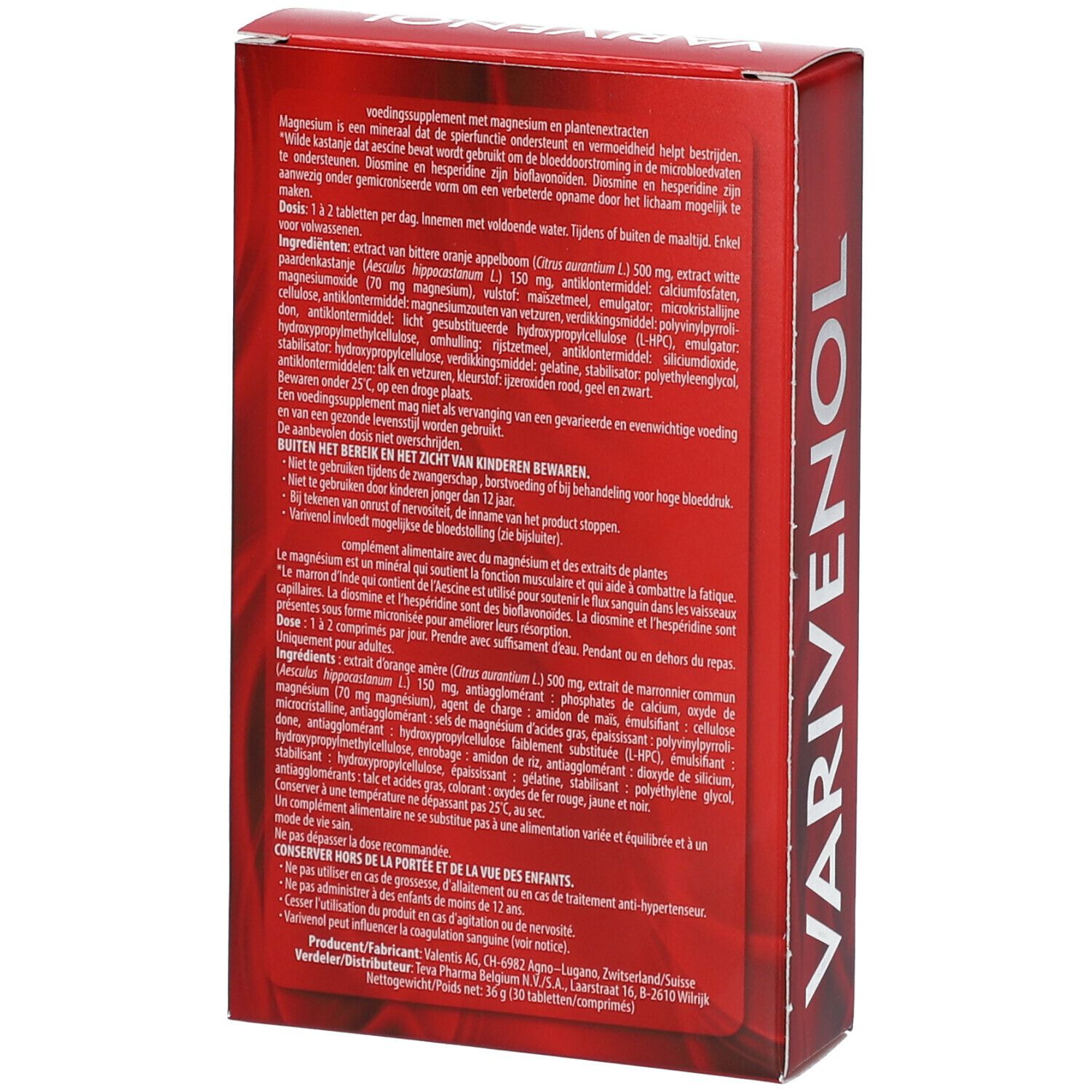 Dos de la boîte rouge avec texte en néerlandais. Inscription VARIVENOL.