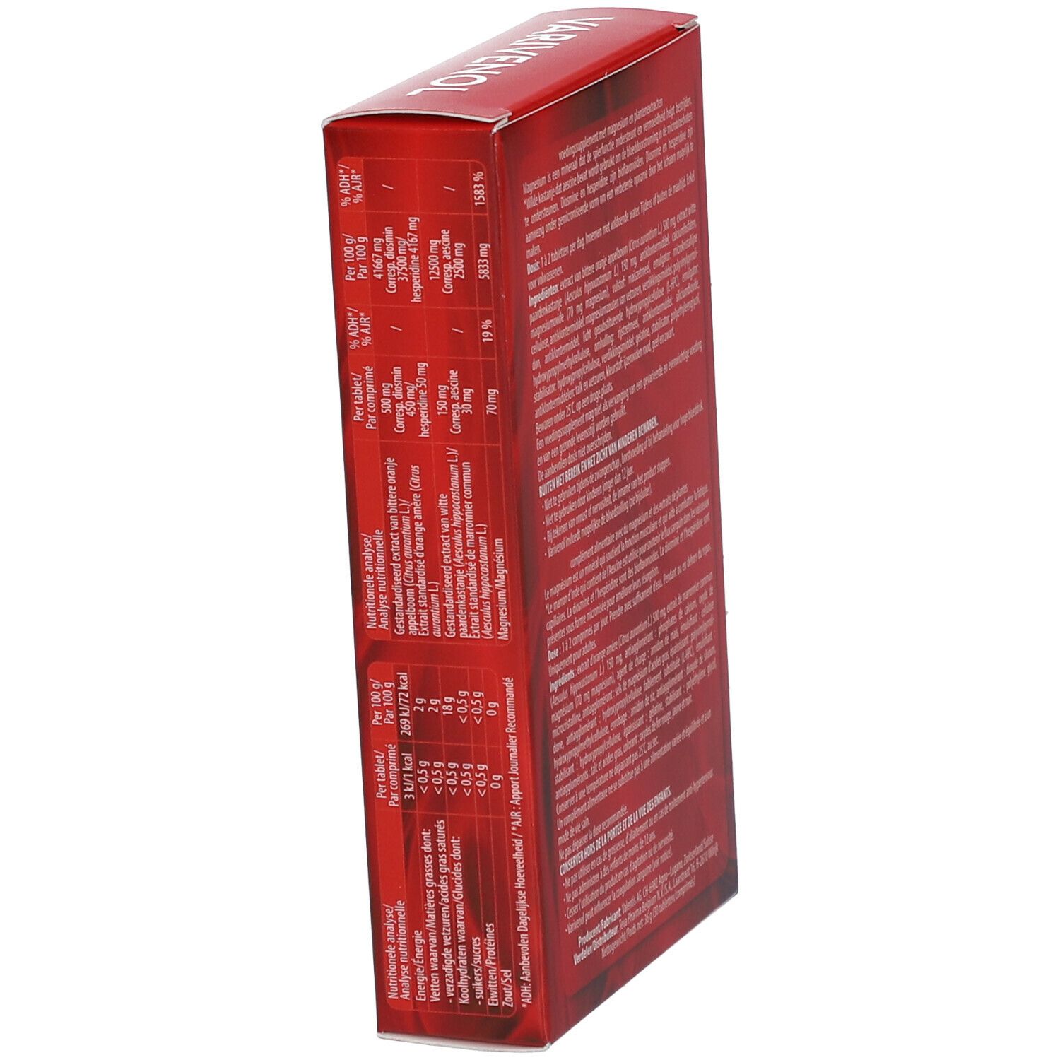 Côté de la boîte rouge avec texte en néerlandais. Inscription VARIVENOL. Informations nutritionnelles.