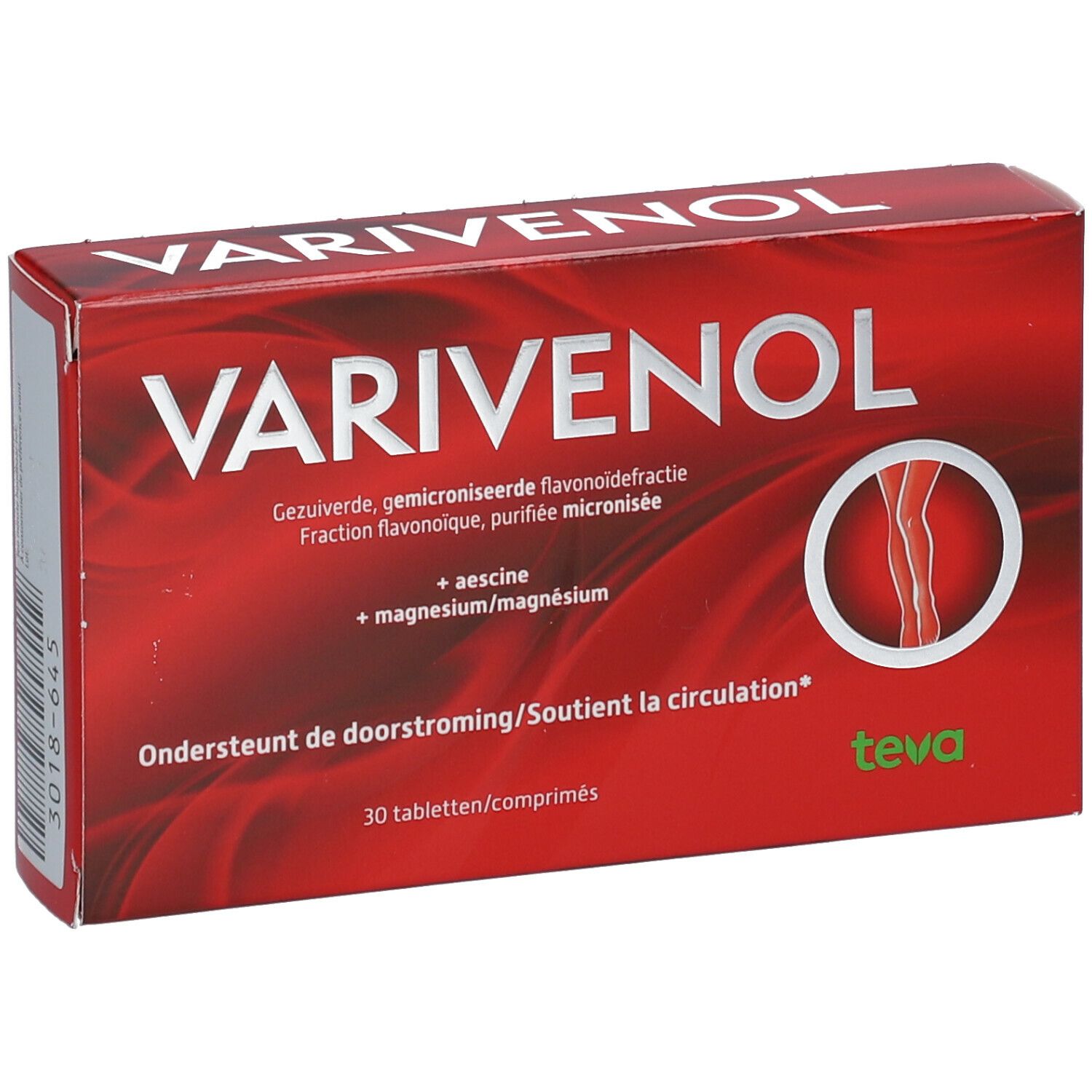 Boîte rouge avec inscription blanche VARIVENOL. Illustration d'une jambe. Texte en néerlandais. 30 comprimés.