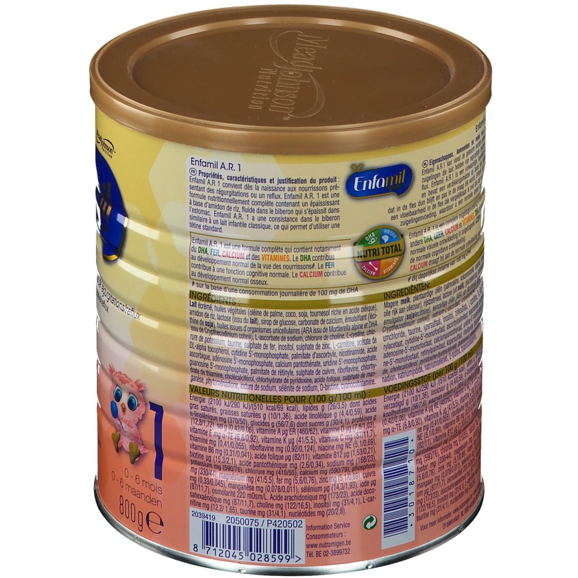 Boîte Enfamil A.R. 1, dos. Boîte jaune-brun avec informations produit et valeurs nutritionnelles. Contient 800g. Convient aux 0-6 mois.