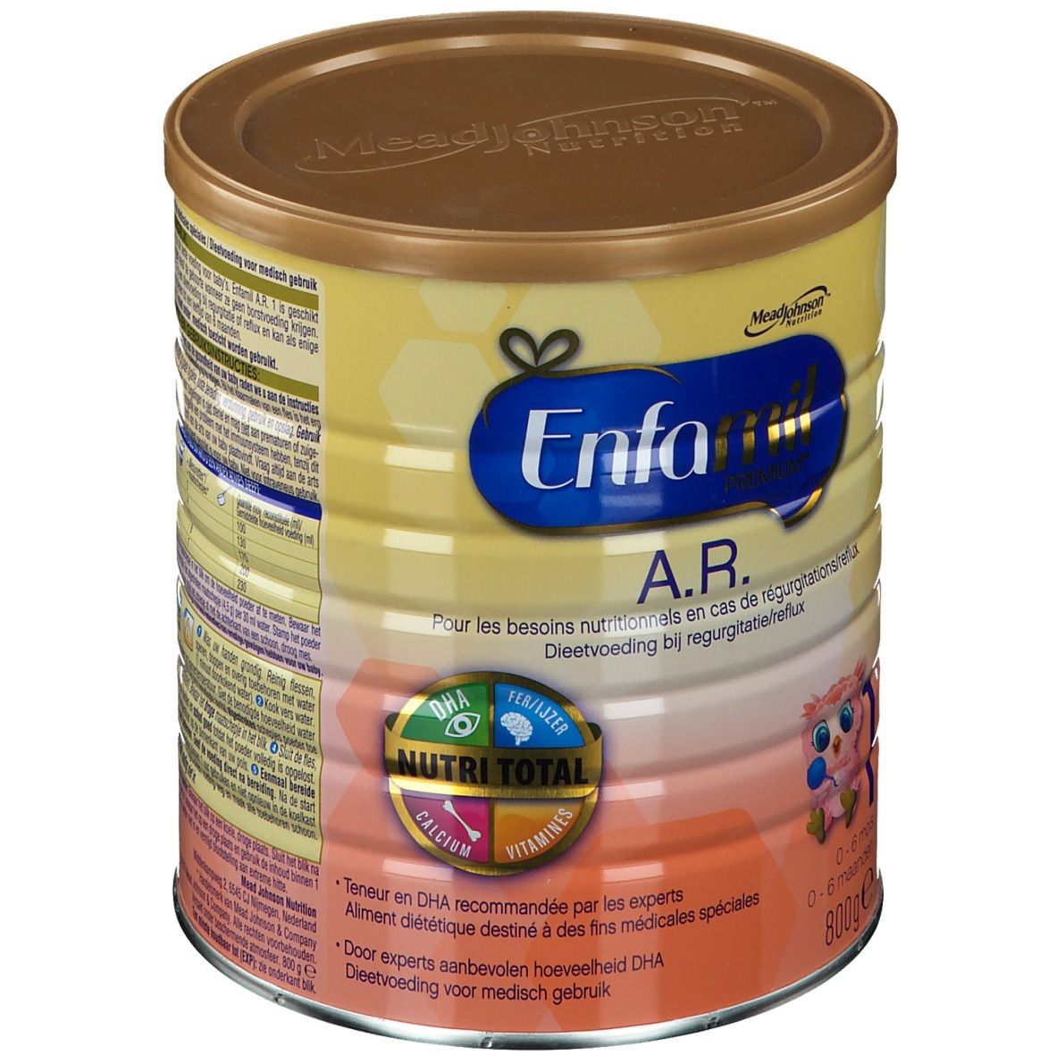 Boîte Enfamil A.R. 1, dos. Boîte jaune-brun avec informations produit et valeurs nutritionnelles. Contient 800g. Convient aux 0-6 mois.