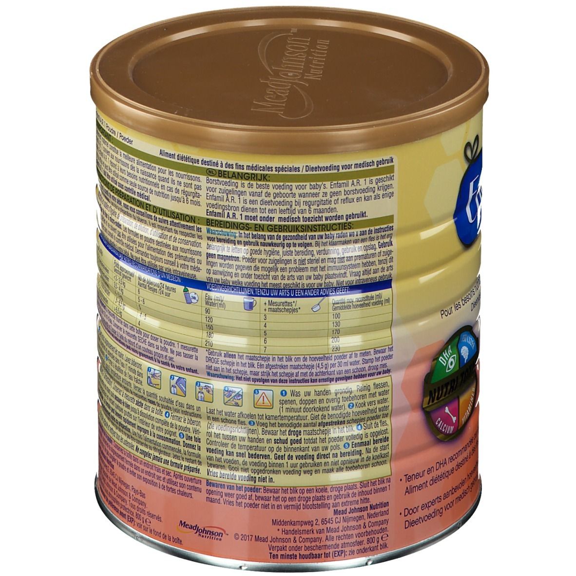 Boîte Enfamil A.R. 1, dos. Boîte jaune-brun avec informations produit et valeurs nutritionnelles. Contient 800g. Convient aux 0-6 mois.
