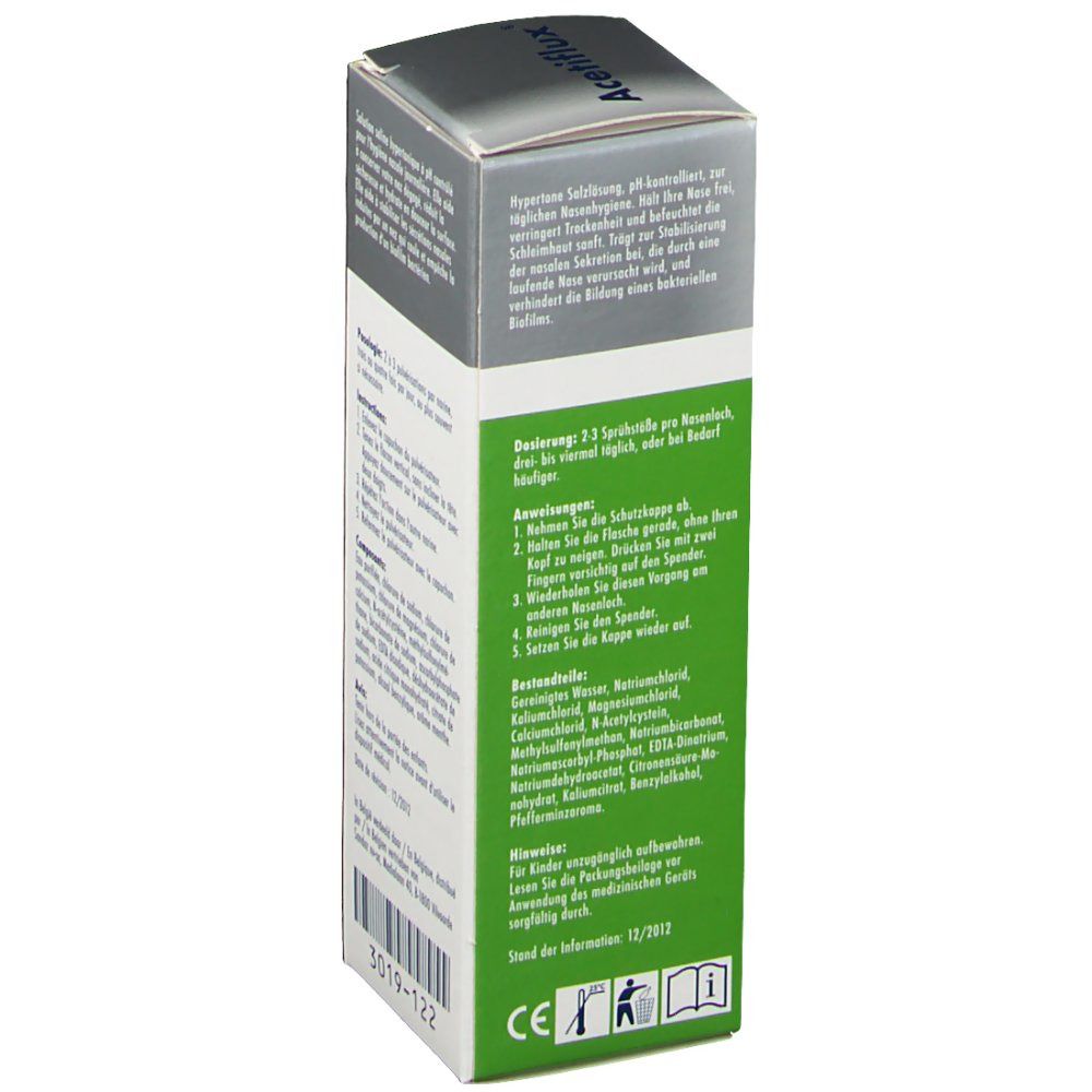 Grüne und weiße Schachtel mit Text. Acetiflux Nasenspray. Sandoz-Logo. Gebrauchsanweisung und Inhaltsstoffe.