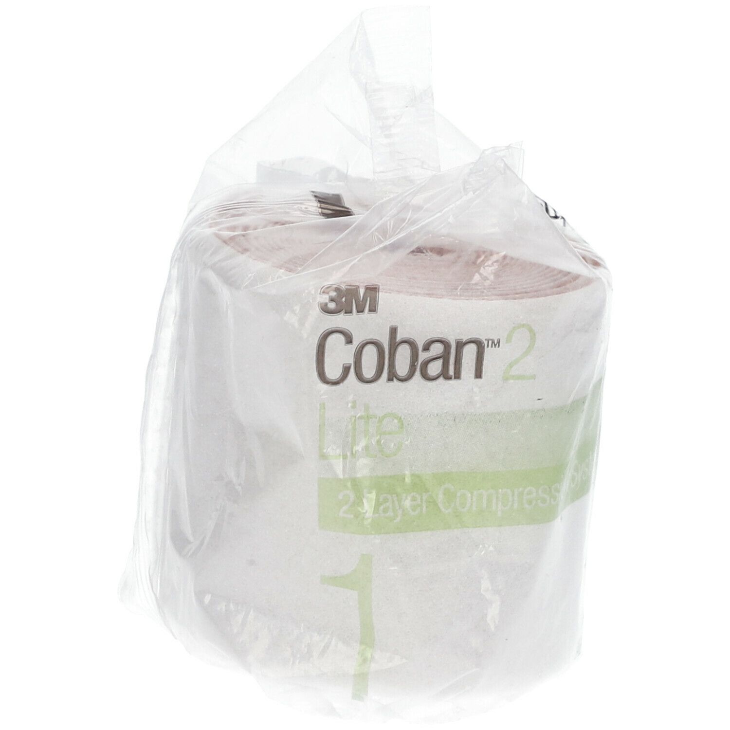 Verpackung mit 3M Coban 2 Lite. Weißes Verbandmaterial in transparenter Folie. Aufdrucke: Coban 2 Lite, 2-Layer Compression System.