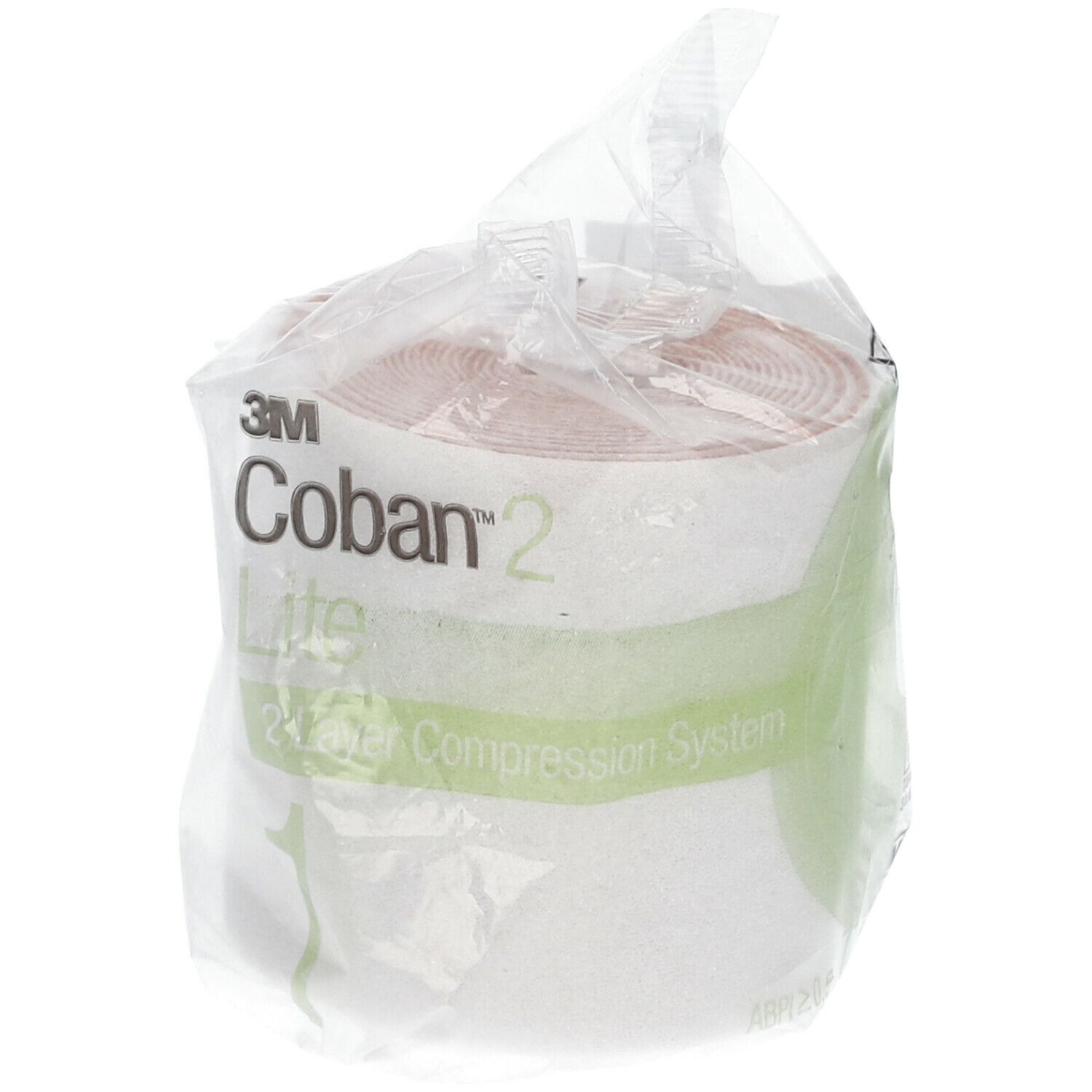 Verpackung mit 3M Coban 2 Lite. Weißes Verbandmaterial in transparenter Folie. Aufdrucke: Coban 2 Lite, 2-Layer Compression System.
