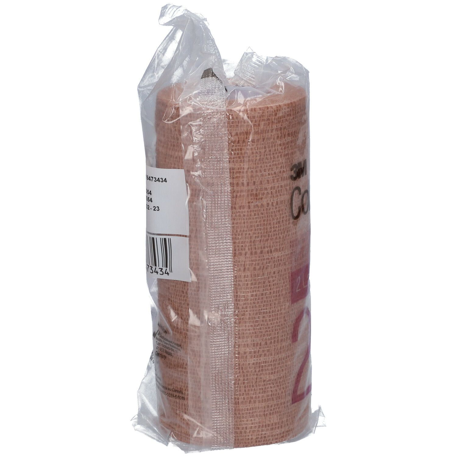 Bande de compression 3M Coban 2 beige, dans un emballage. Étiquette avec code-barres et informations.