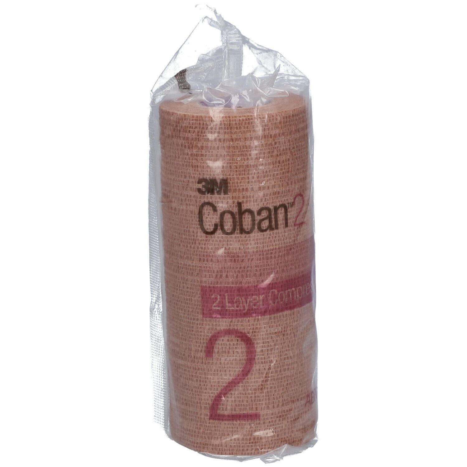 Bande de compression 3M Coban 2, beige, dans un emballage transparent. Inscription : 2 Layer Compression.