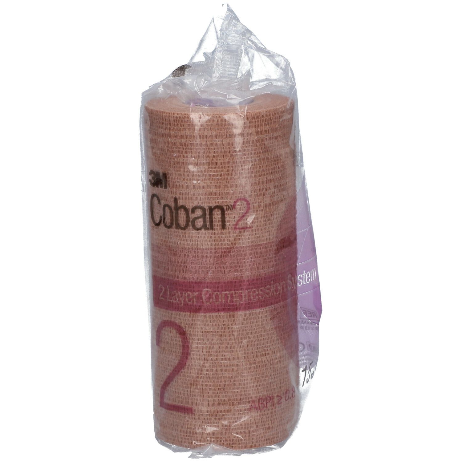 Bande de compression 3M Coban 2, beige, dans un emballage transparent. Inscription : 2 Layer Compression System.