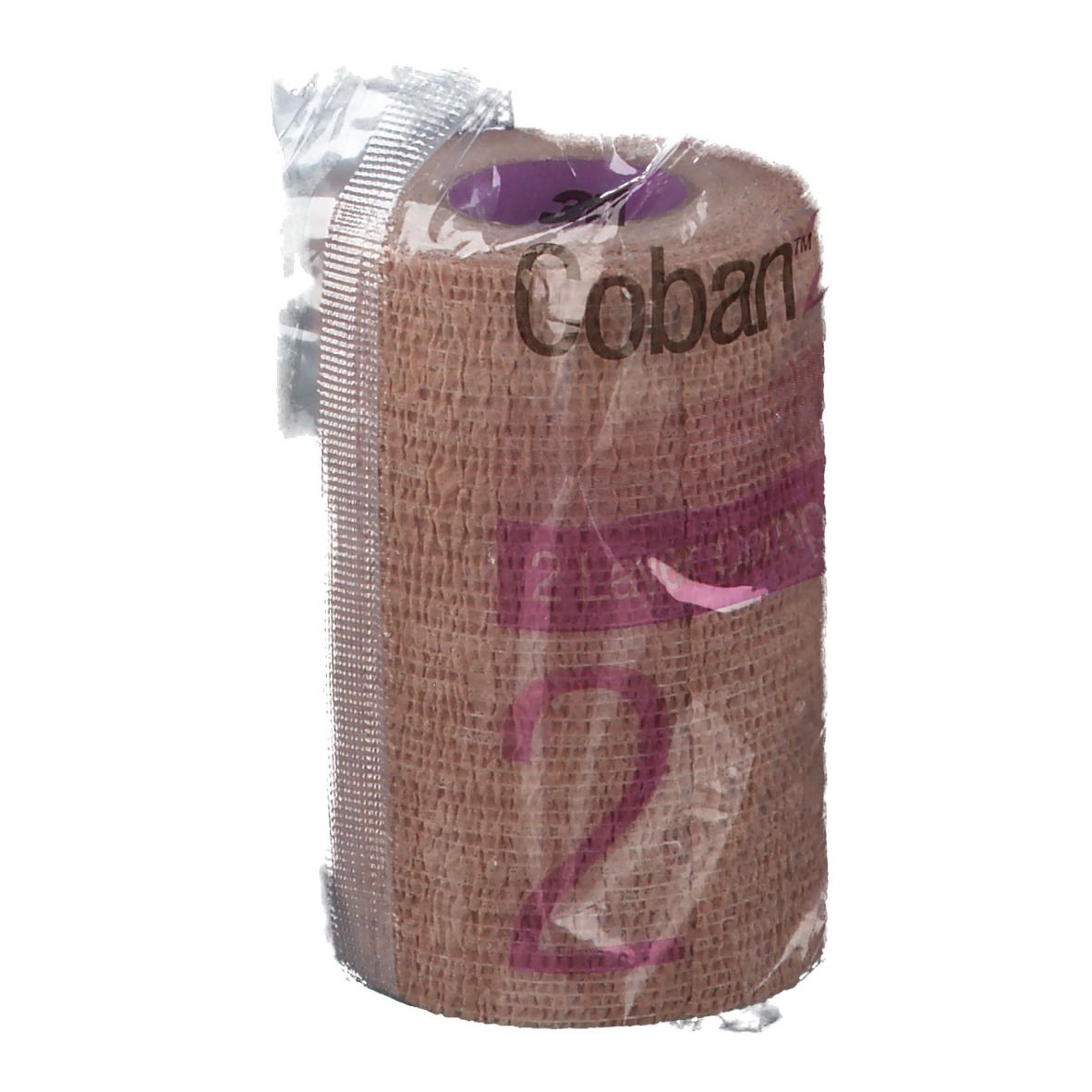 Bande de compression emballée. Inscription: Coban 2. Beige et rose. Vue en angle.