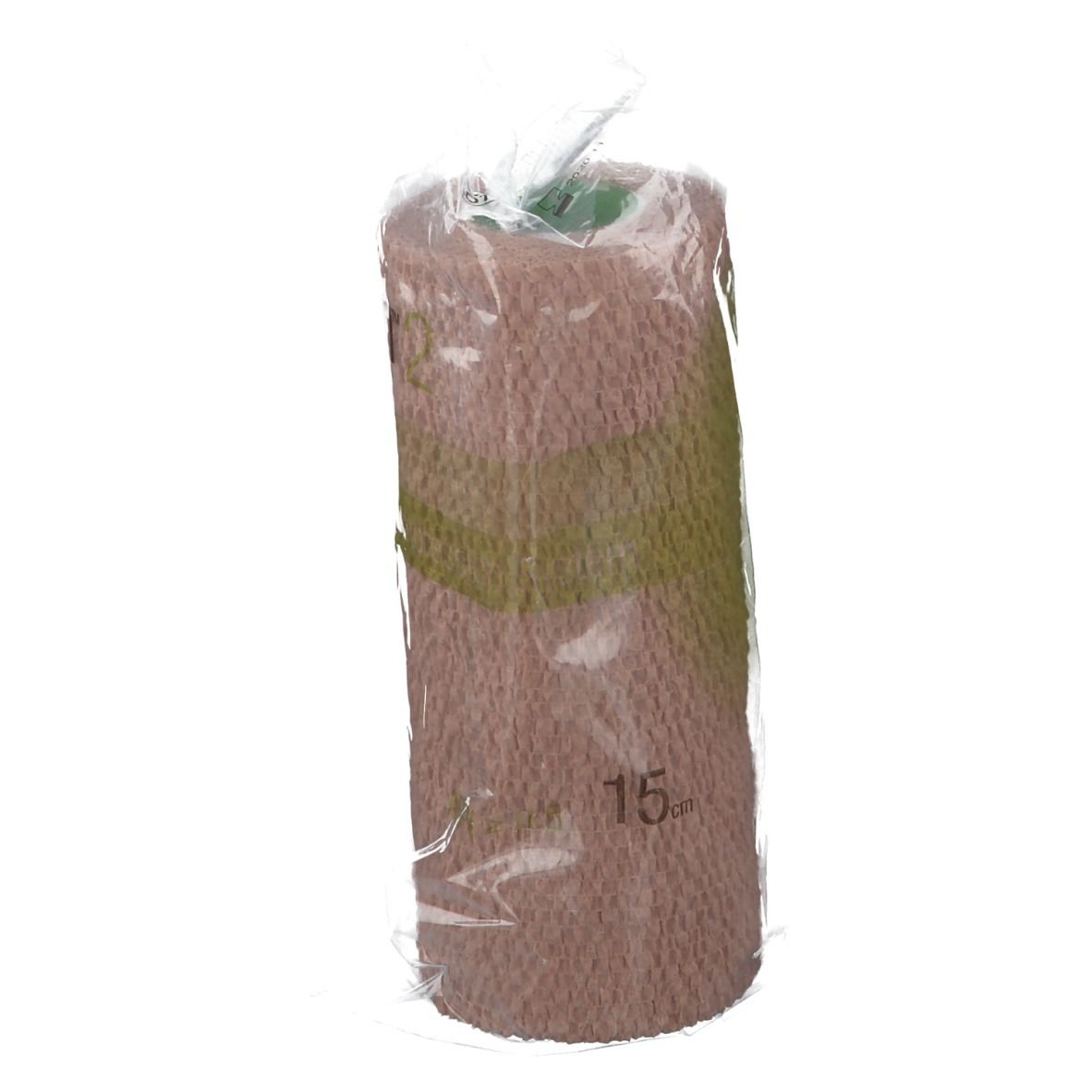 Bande de compression emballée. Inscription: 15 cm. Couleurs beige et verte. Taille visible.
