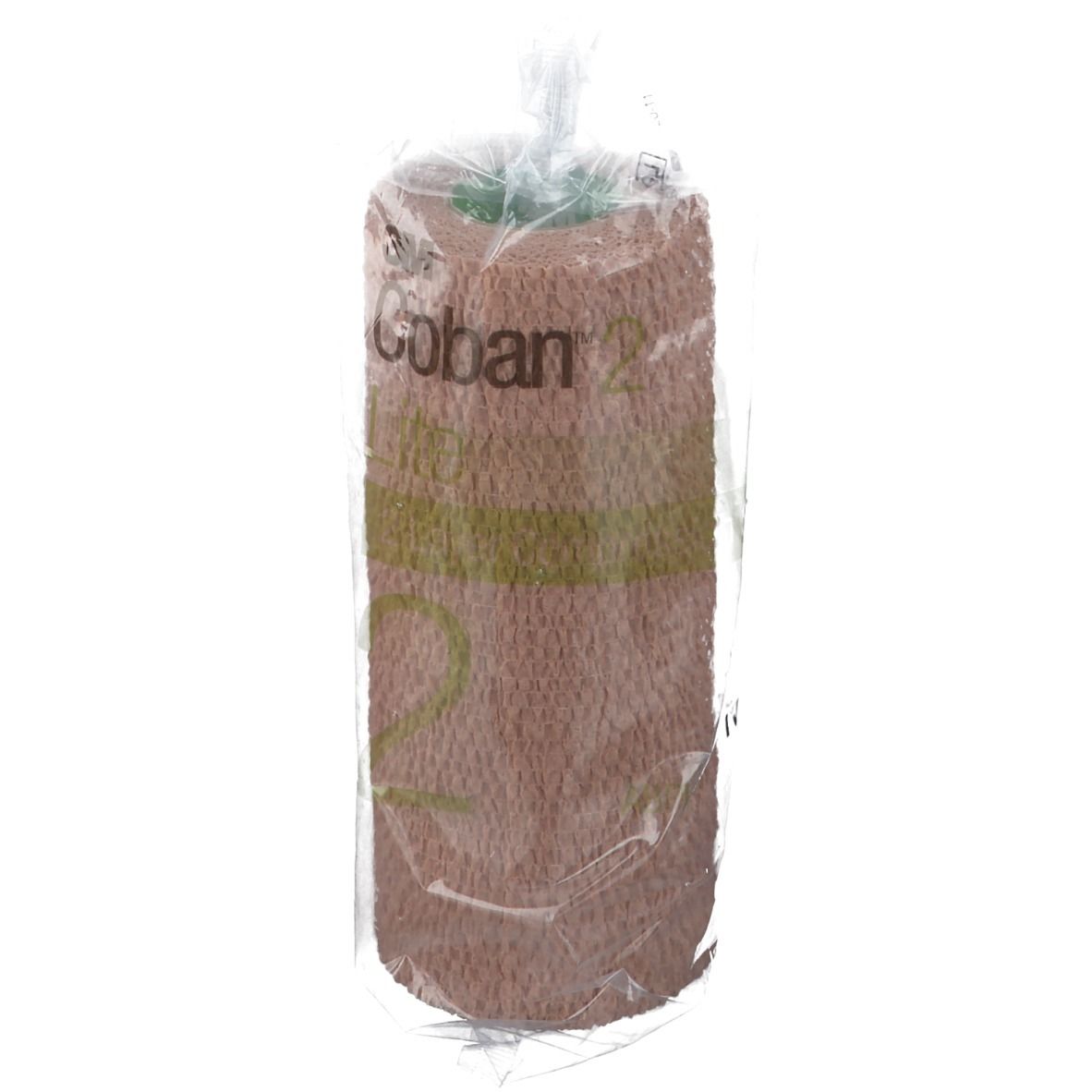 Bande de compression emballée. Inscription: 3M Coban 2. Couleurs beige et verte. Taille visible.