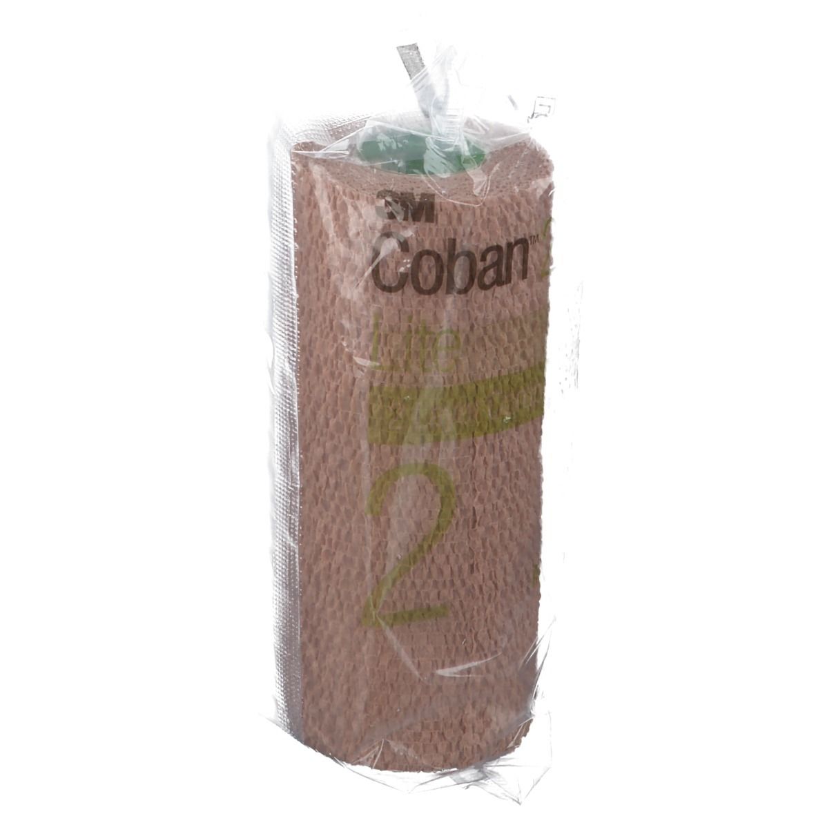 Bande de compression emballée. Inscription: 3M Coban 2. Couleurs beige et verte. Taille visible.