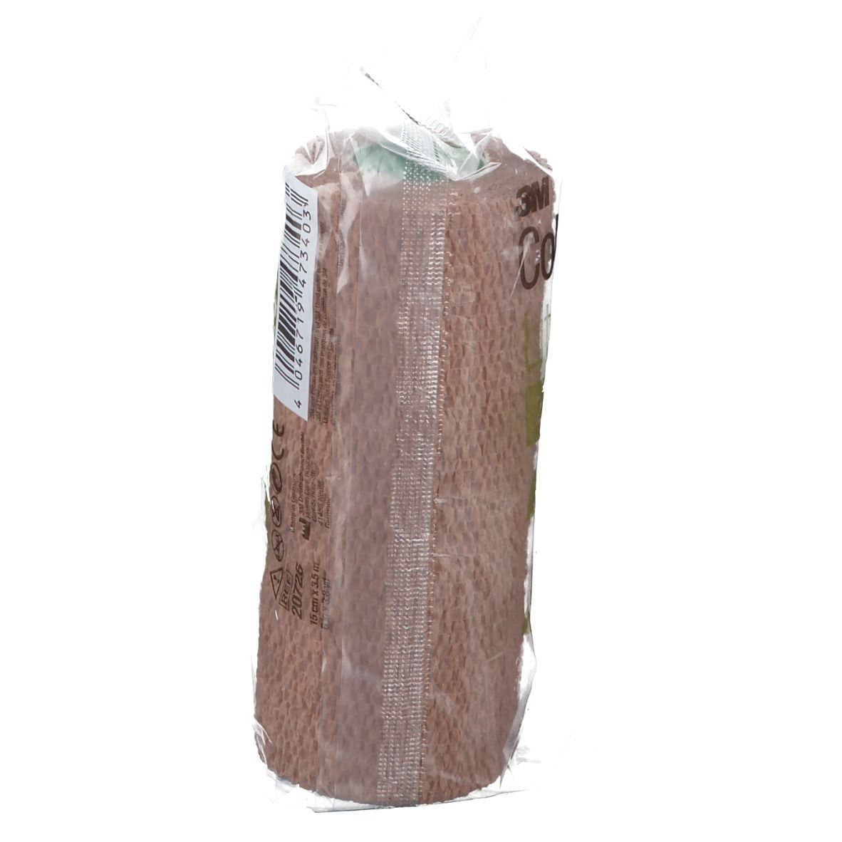 Bande de compression emballée. Inscription: Code-barres et informations produit. Couleurs beige et verte.