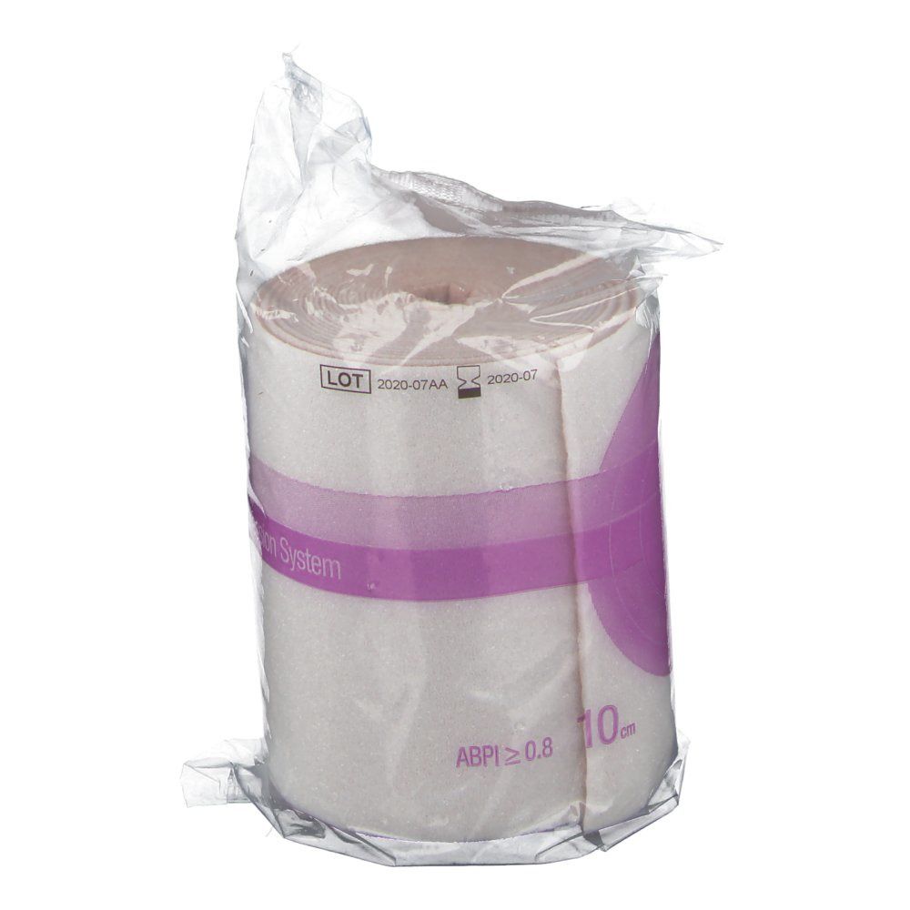 Rouleau de bandage en emballage transparent. Inscription : 3M Coban 2, 10 cm, ABPI ≥0.8, date de lot et de péremption.