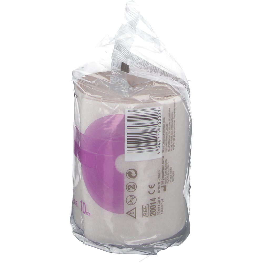 Rouleau de bandage en emballage transparent. Inscription : 3M Coban 2, 10 cm, code-barres, marquage CE.