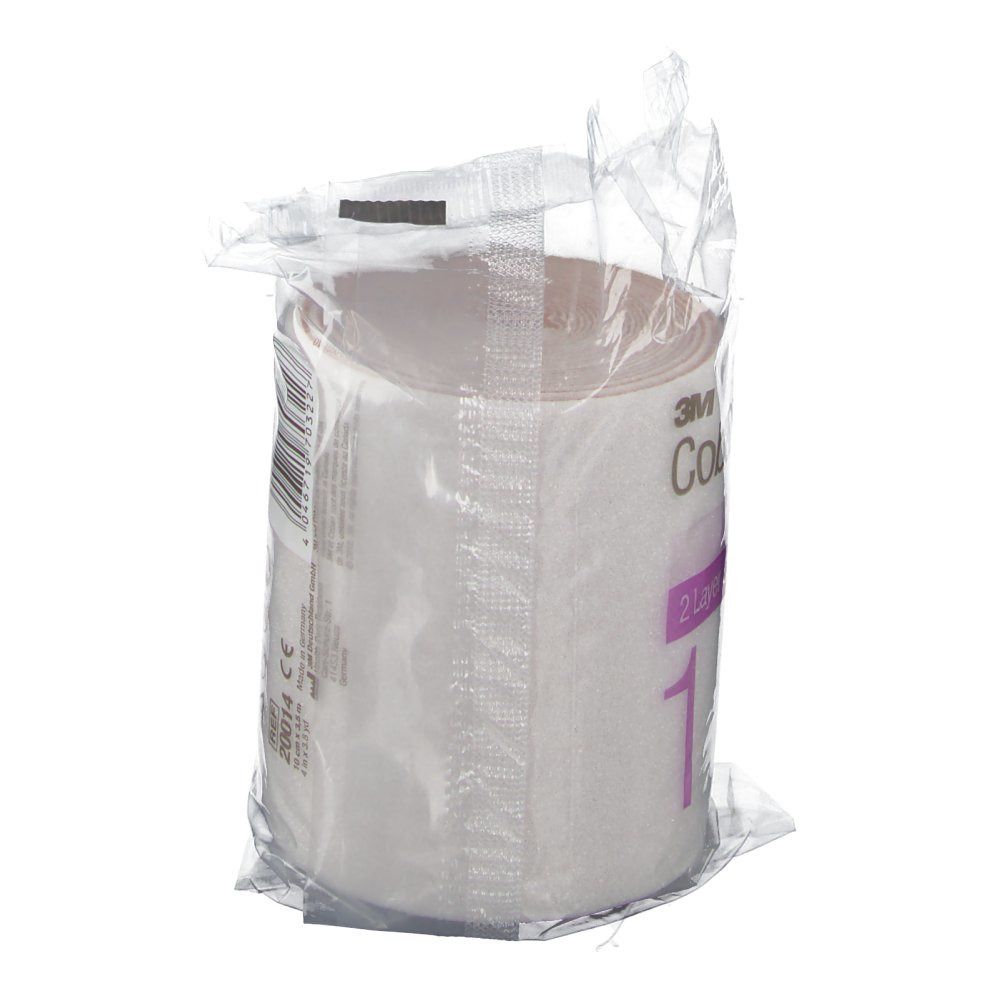 Rouleau de bandage en emballage transparent. Inscription : 3M Coban 2, 10 cm, 1, marquage CE.