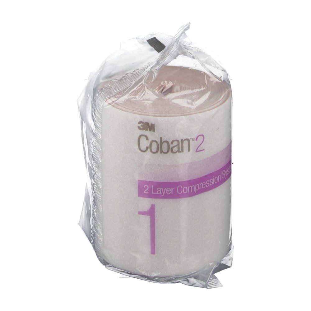 Rouleau de bandage en emballage transparent. Inscription : 3M Coban 2, système de compression à 2 couches, 1.