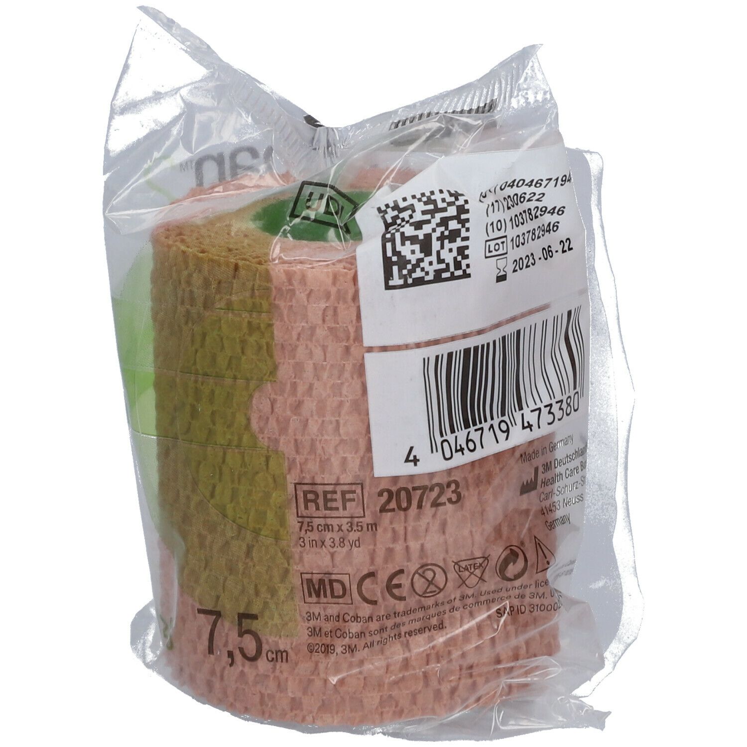 Bande de compression dans un emballage plastique. Impression avec indication de taille 7,5 cm x 3,5 m. Couleur beige.