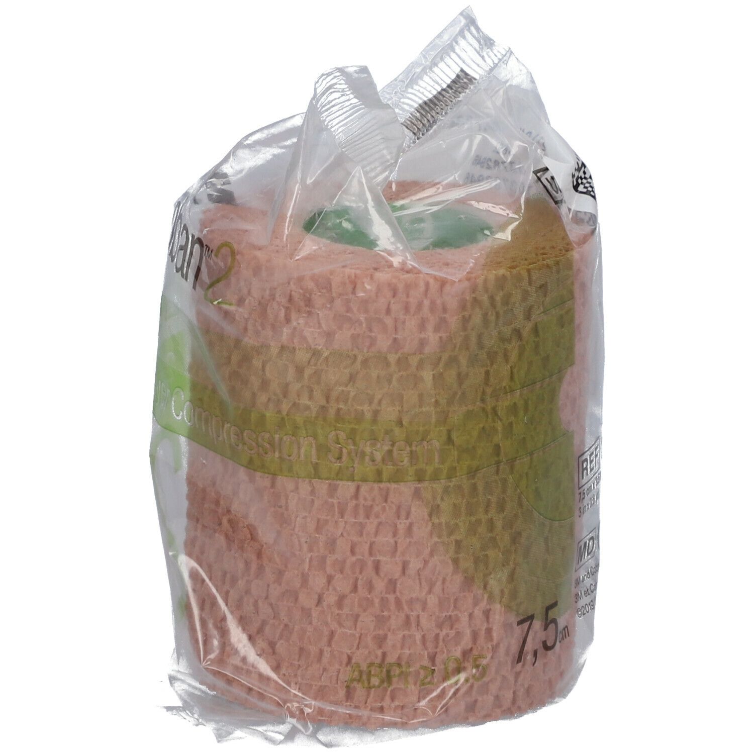 Bande de compression dans un emballage plastique. Impression avec indication de taille 7,5 cm. Couleur beige. Écriture verdâtre.