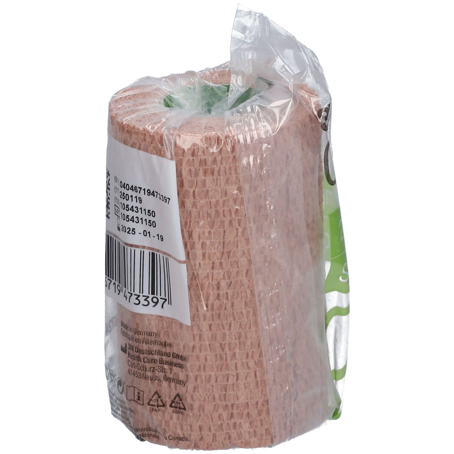 Bande de compression dans un emballage. Inscriptions avec code-barres et informations produit. Couleur beige-rose.