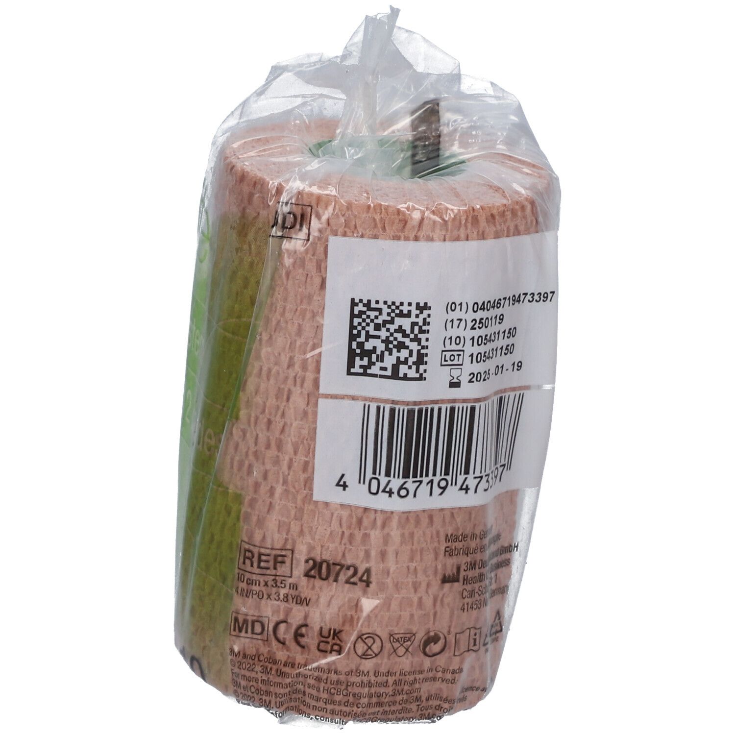 Bande de compression en emballage. Code-barres et informations produit. Couleur beige-rose. Inscription : REF 20724.