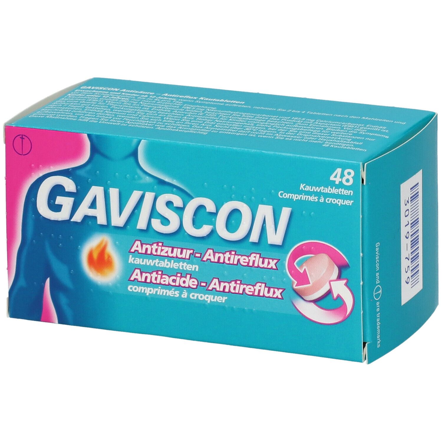 Boîte de Gaviscon, 48 comprimés à croquer. Design turquoise et rose, nom du produit et indications.