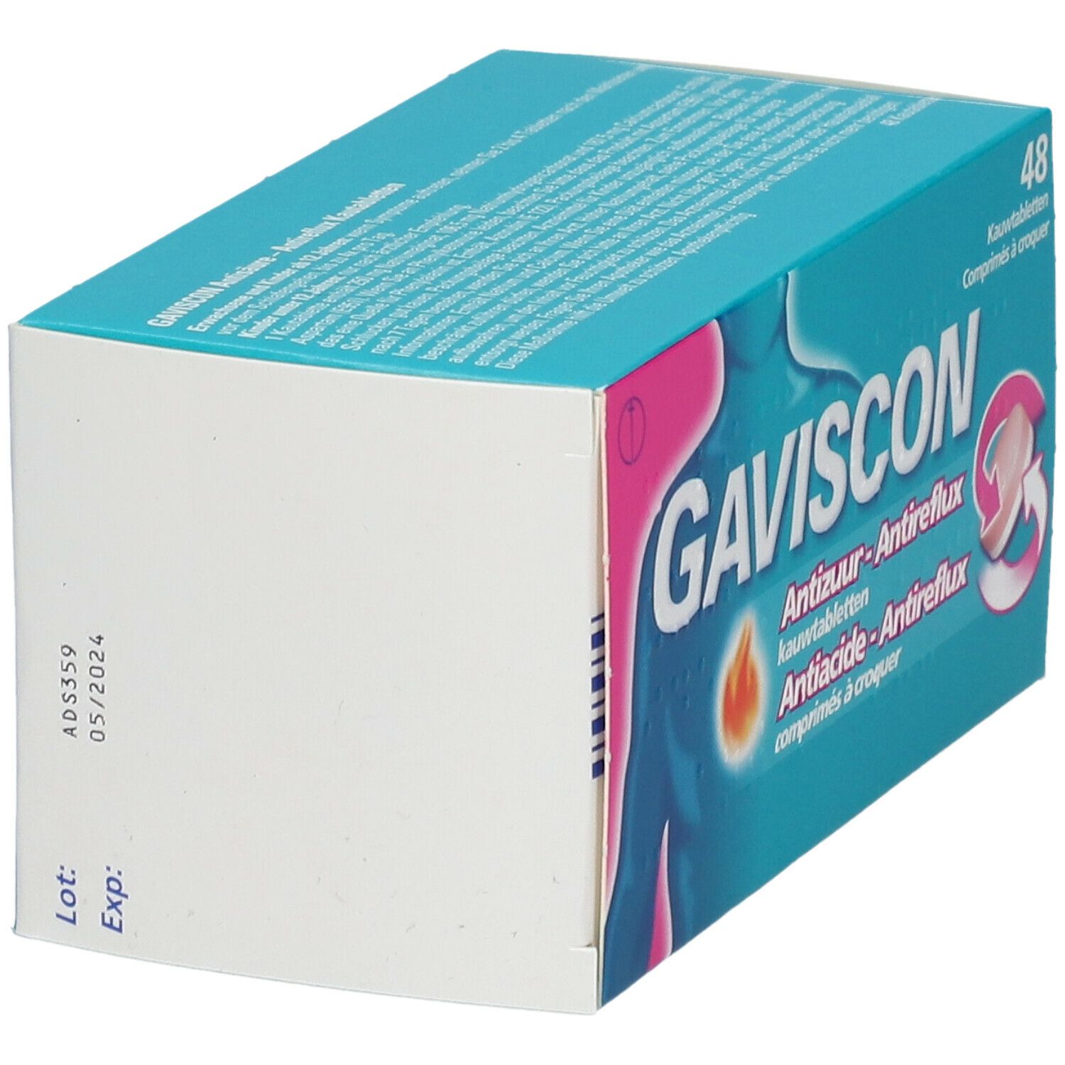 Vue latérale de l'emballage Gaviscon. Design turquoise et rose avec nom et texte du produit.