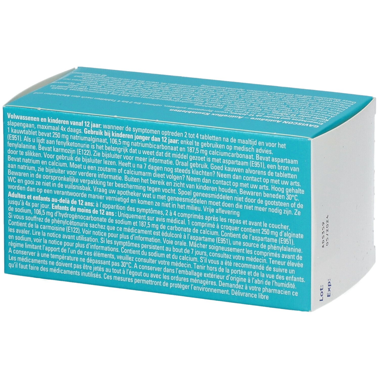 Emballage Gaviscon avec texte. Design turquoise et rose avec informations et texte du produit.