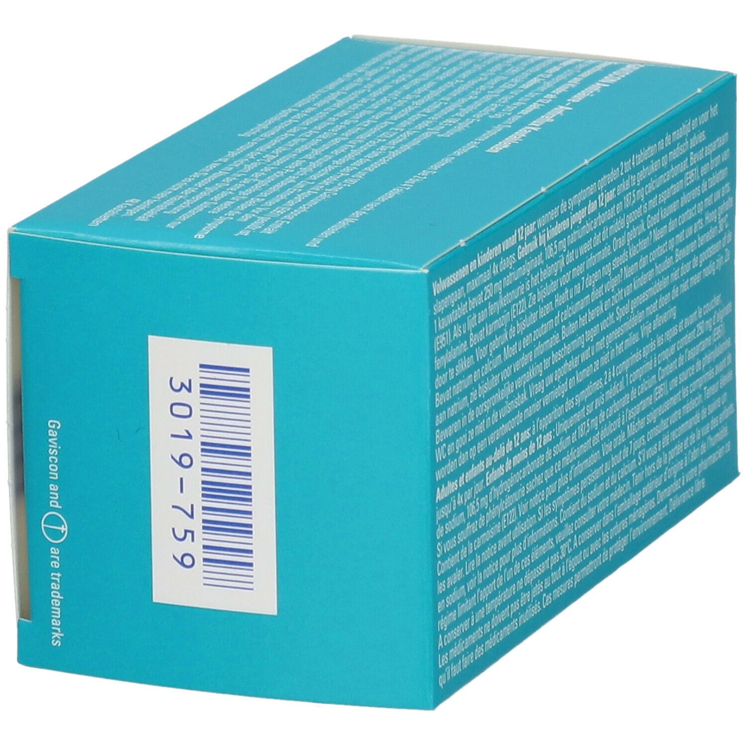 Vue latérale de l'emballage Gaviscon avec code-barres. Design turquoise et rose.