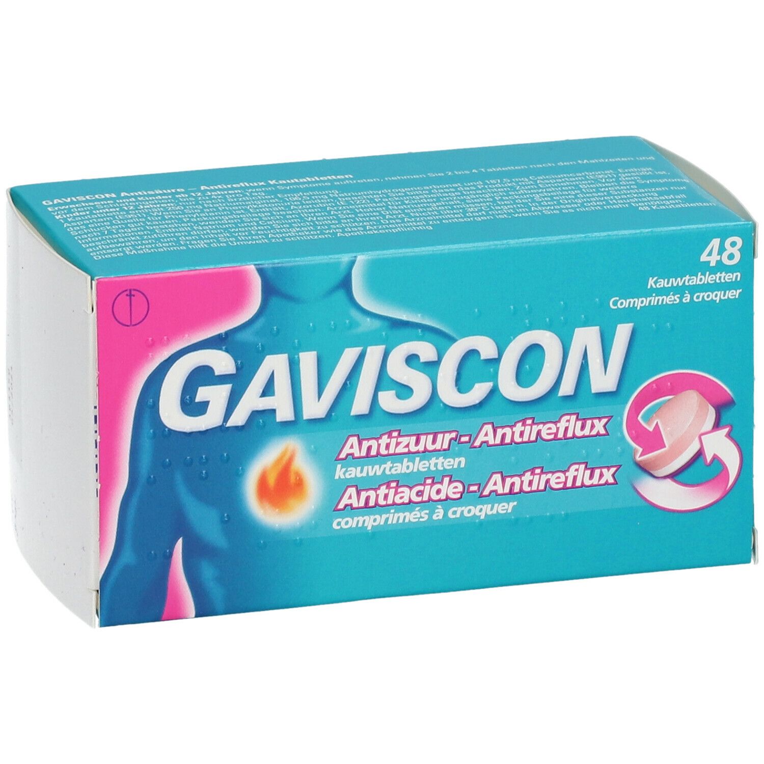 Boîte de Gaviscon, 48 comprimés à croquer. Design turquoise et rose, nom du produit et indications.