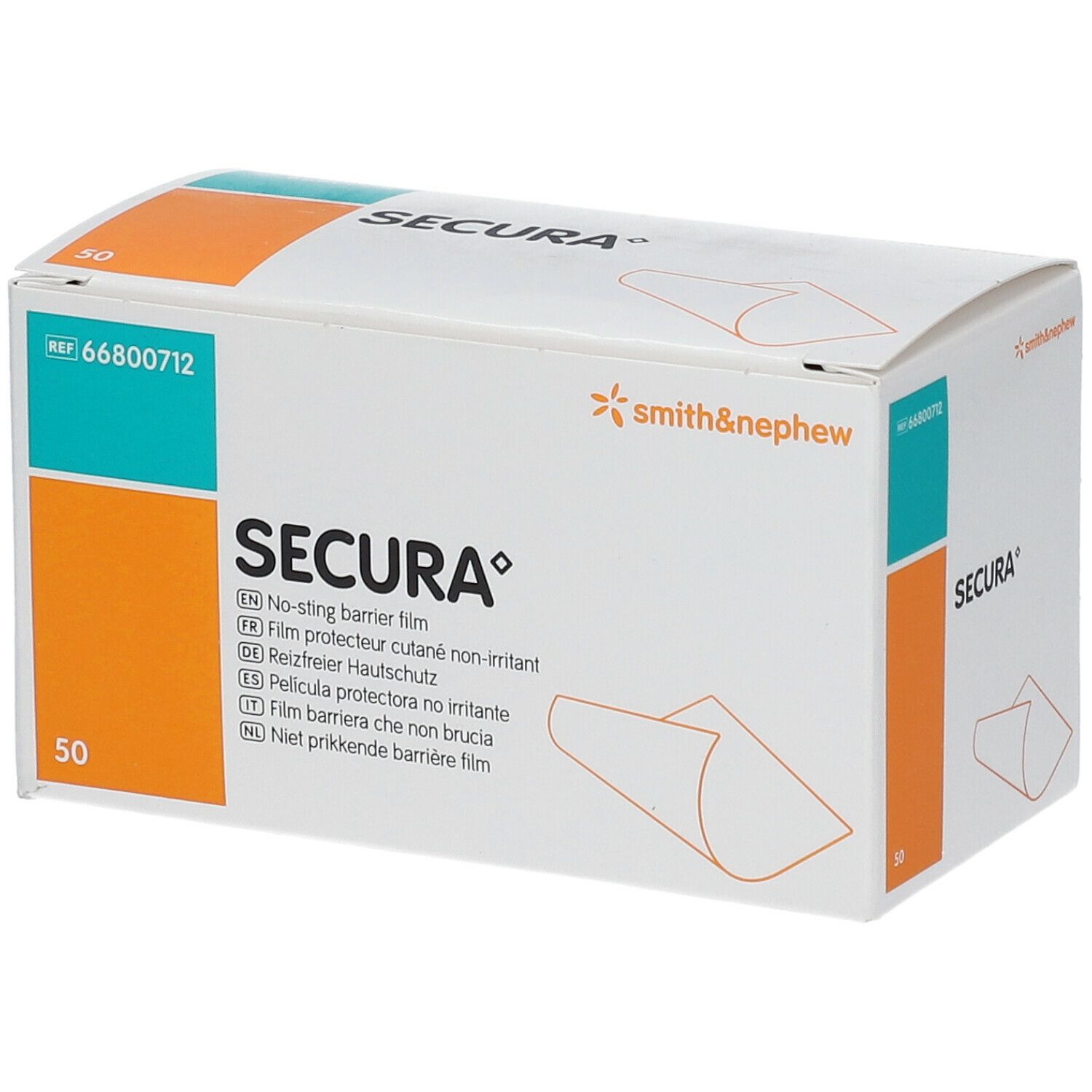 Karton SECURA® mit 50 Tüchern. Aufdruck: No-sting barrier film. Marke Smith & Nephew.