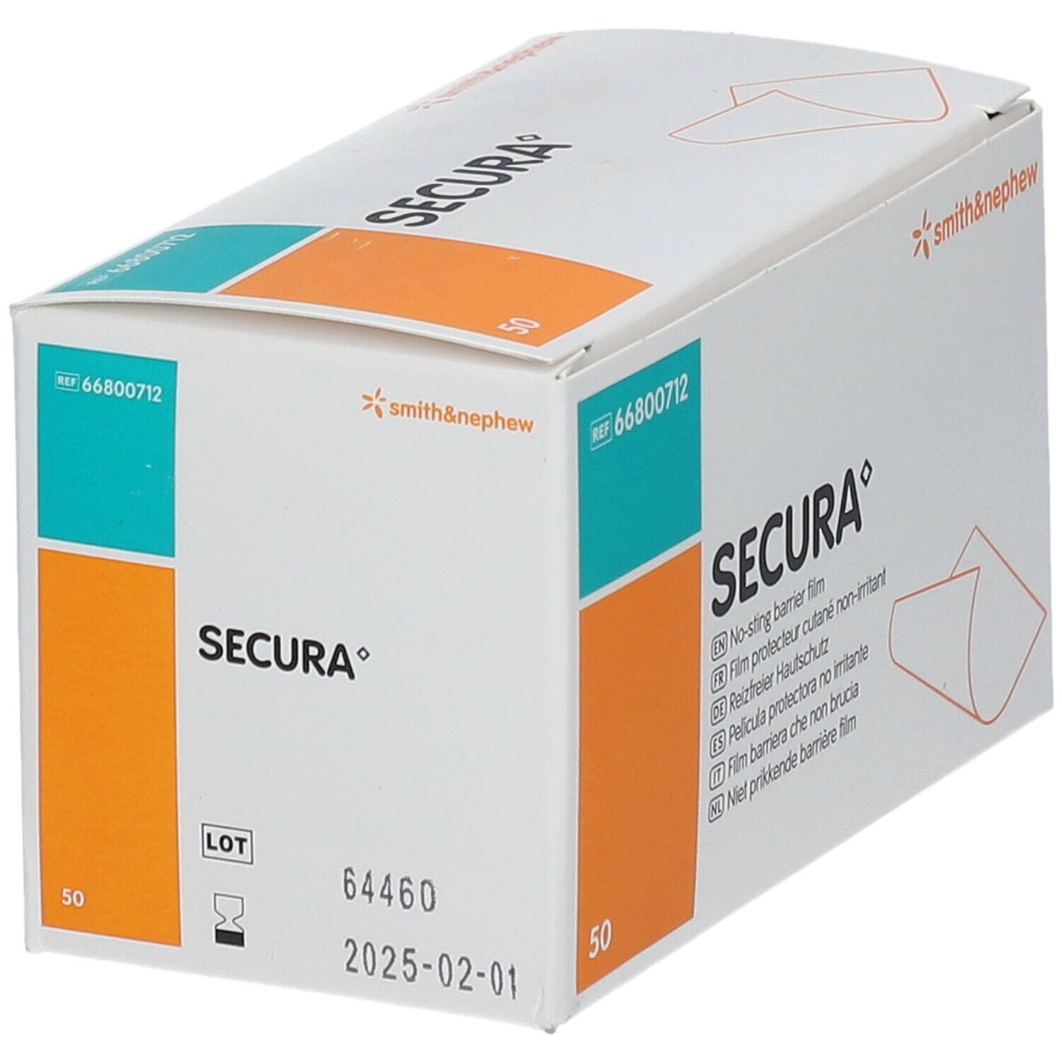 Karton SECURA® mit 50 Tüchern. Aufdruck: No-sting barrier film. Marke Smith & Nephew. Haltbarkeit 2025-02-01.
