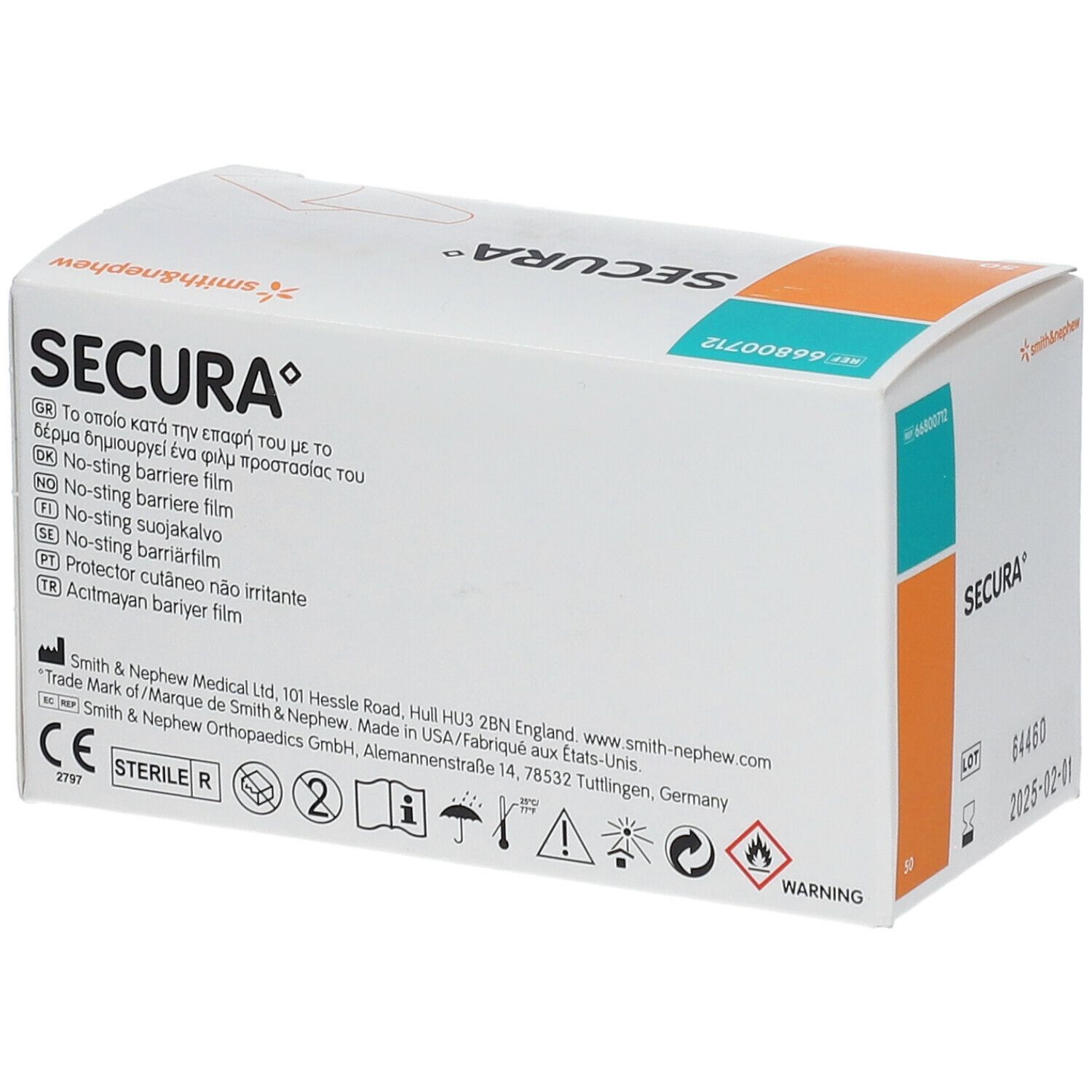 Karton SECURA® mit 50 Tüchern. Aufdruck: No-sting barrier film. Marke Smith & Nephew. Mit CE-Kennzeichnung.