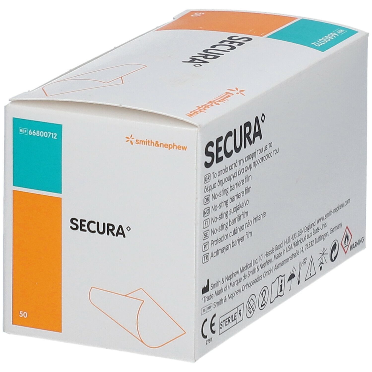 Karton SECURA® mit 50 Tüchern. Aufdruck: No-sting barrier film. Marke Smith & Nephew. Mit CE-Kennzeichnung.