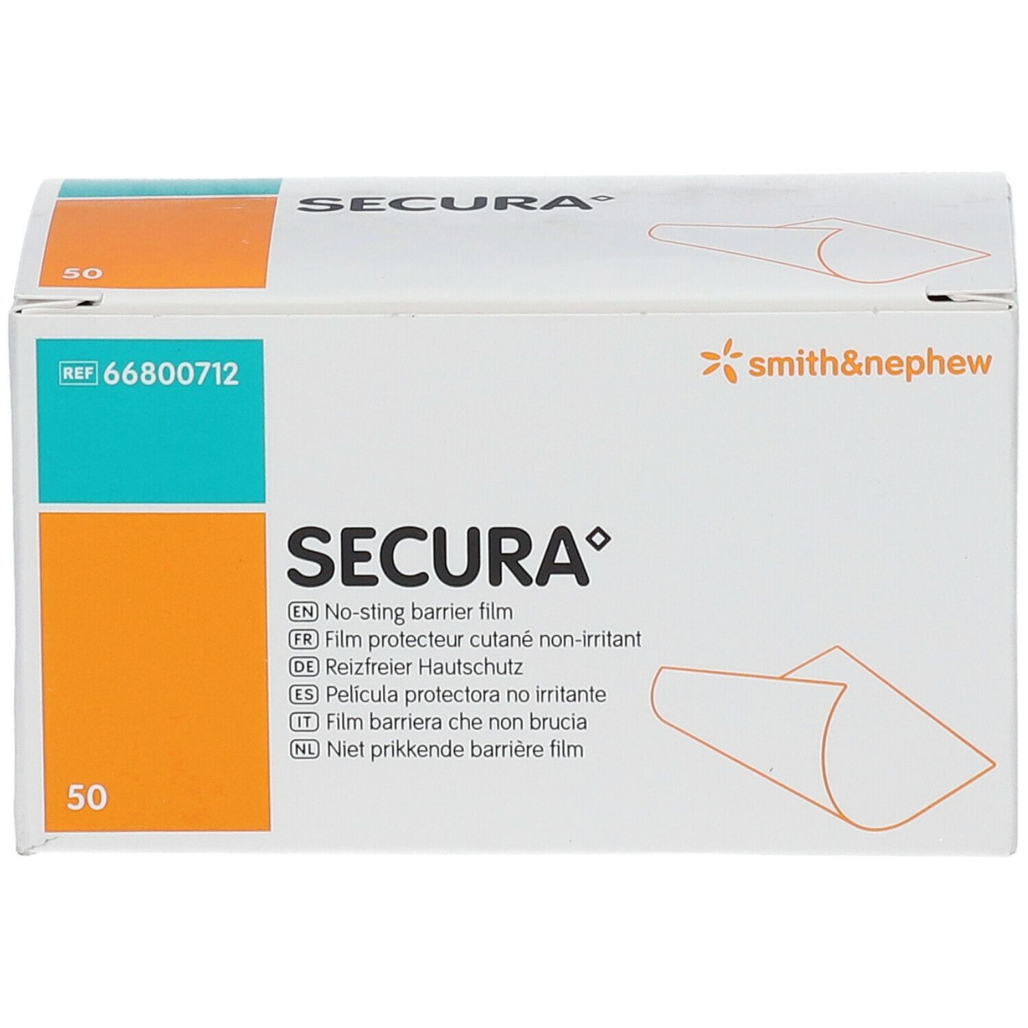 Karton SECURA® mit 50 Tüchern. Aufdruck: No-sting barrier film. Marke Smith & Nephew.