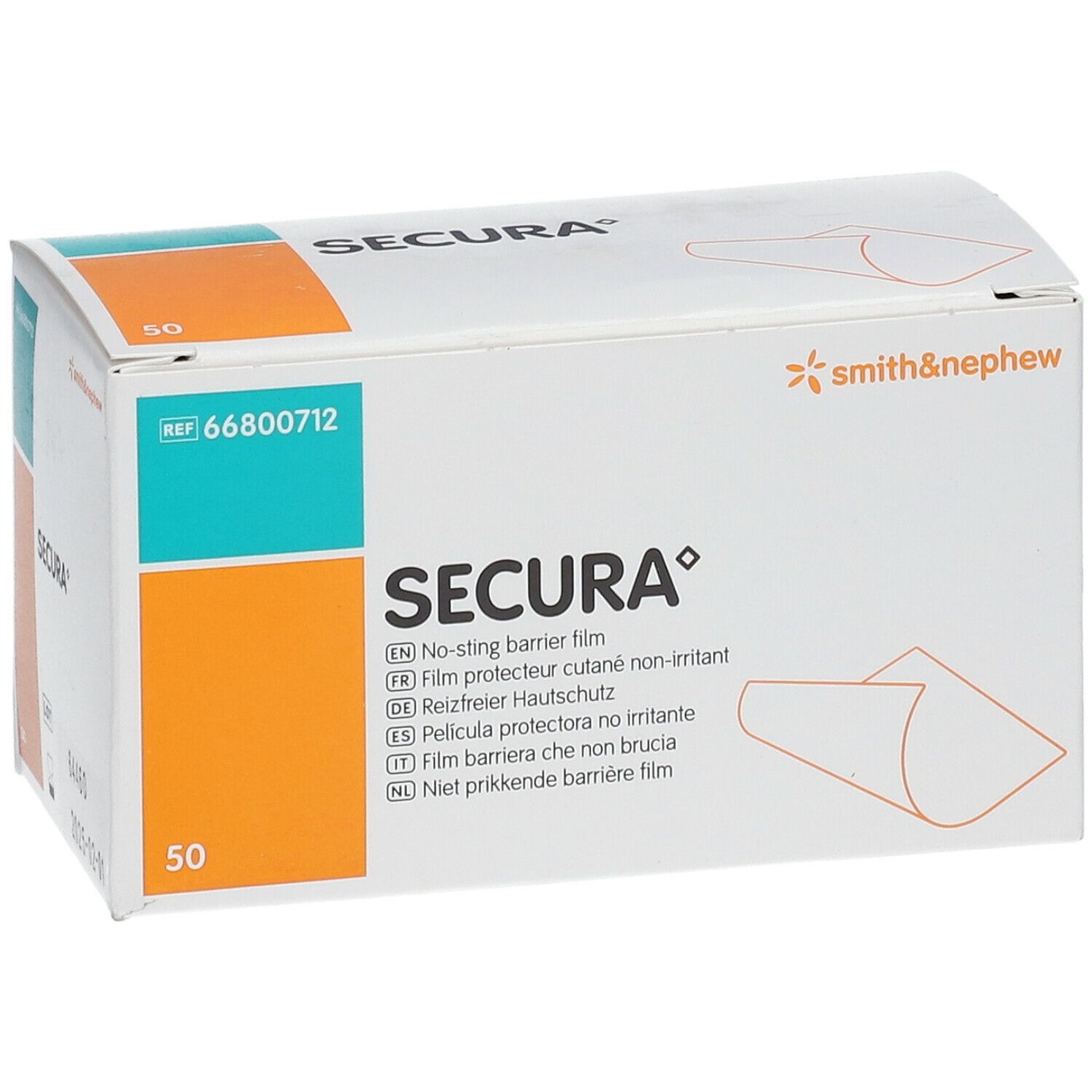 Karton SECURA® mit 50 Tüchern. Aufdruck: No-sting barrier film. Marke Smith & Nephew.